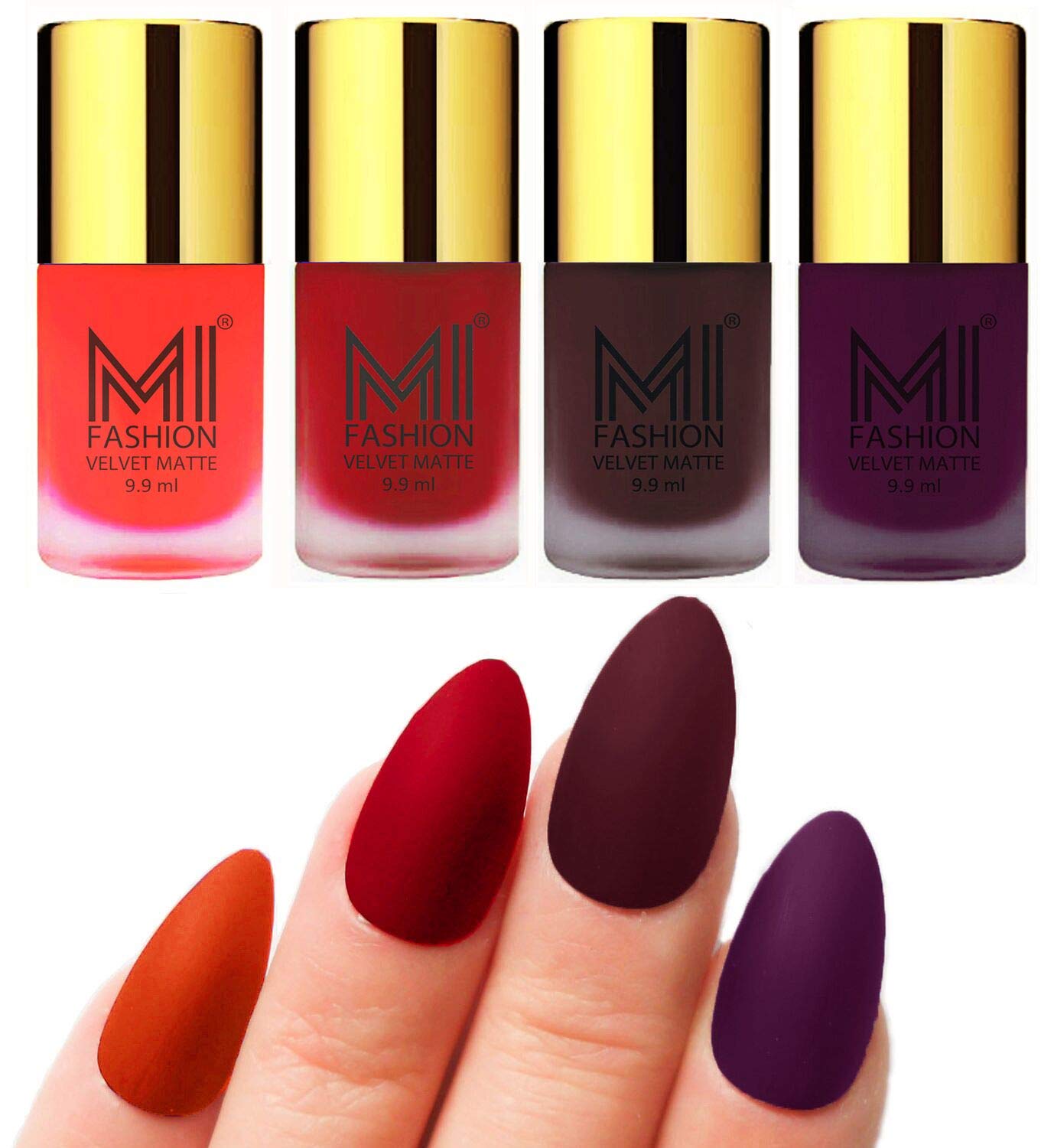 MI FASHION Highly Pigmented Velvet Matte Nail Paint Set Effortless Matte Top Colour 9.9mlOrange, Tomato Red, Wine, Purple (Pack Of-4)