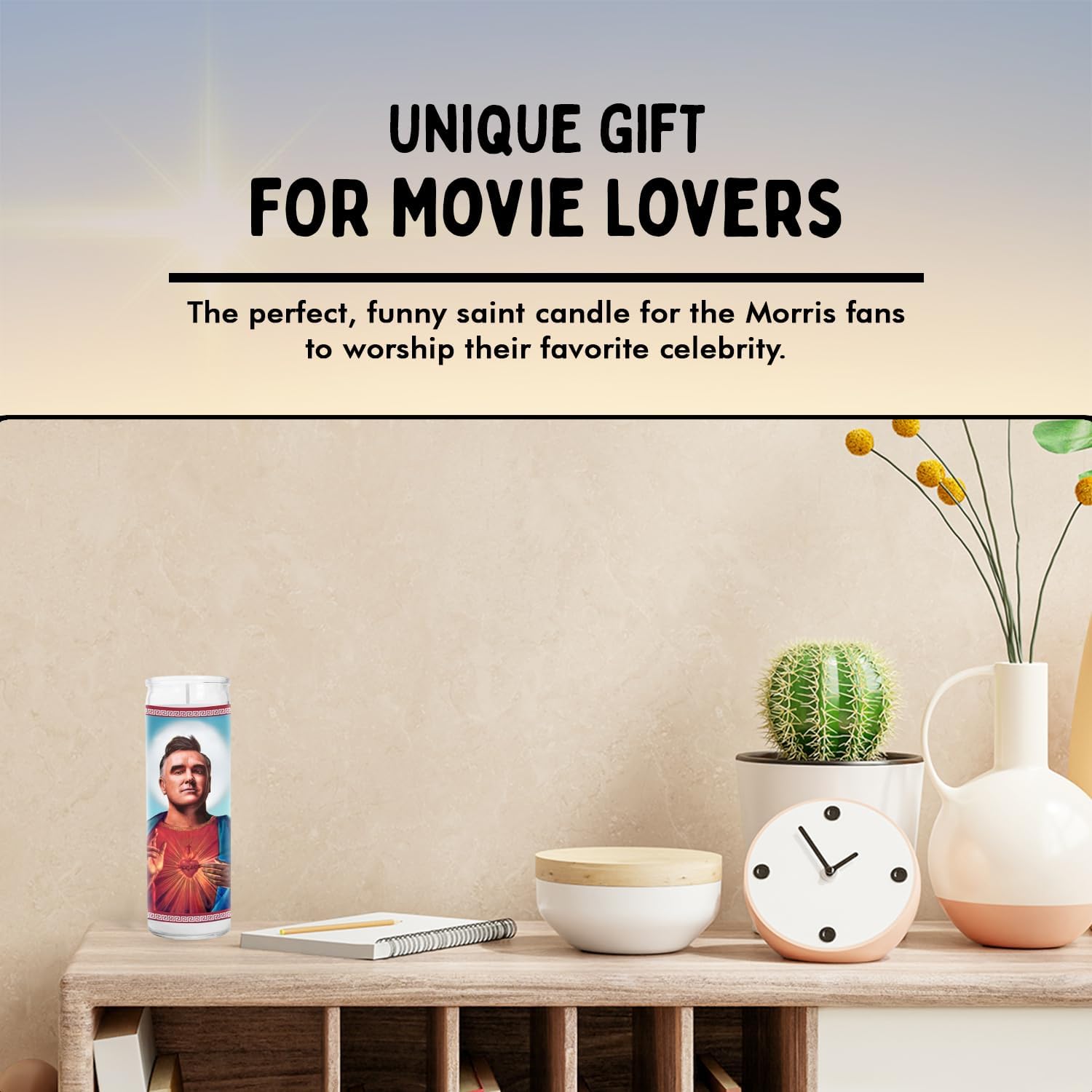 Morris Celebrity Glass Jar Candle – Unscented Handmade Soy Wax Votive Candle – Unique Gift for Movie Fans – Home Decor Collectible for Living Room & Office – 8 Inch