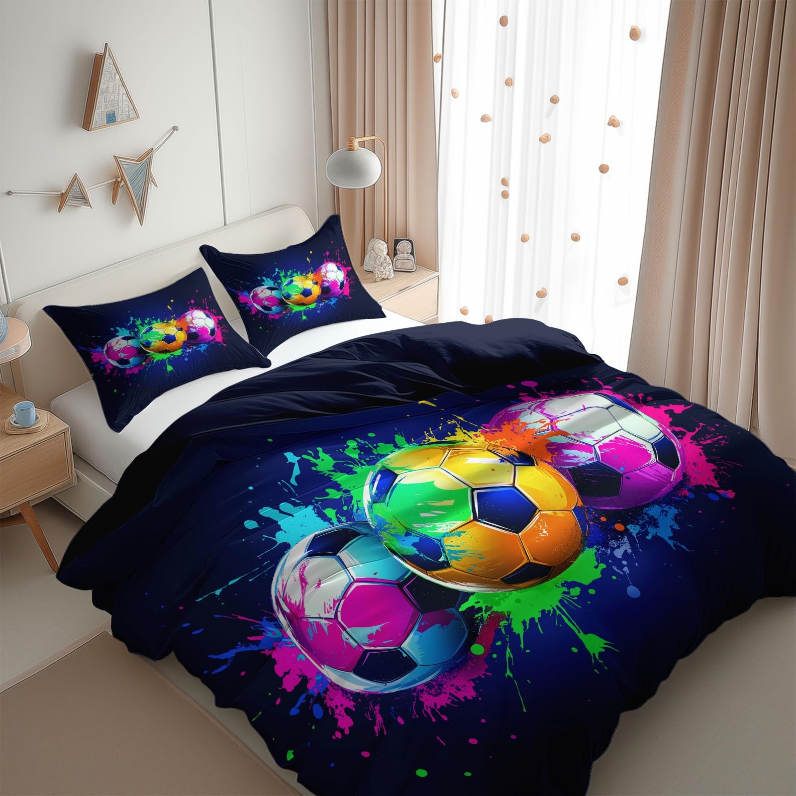 Zestaw poszewek na kołdrę łóżko 150 kolor bazgroły piłkarskie 220x240 cm 3-częściowy zestaw pościeli, miękka poszewka na kołdrę antyalergiczna poliester bawełna i poszewki na poduszki