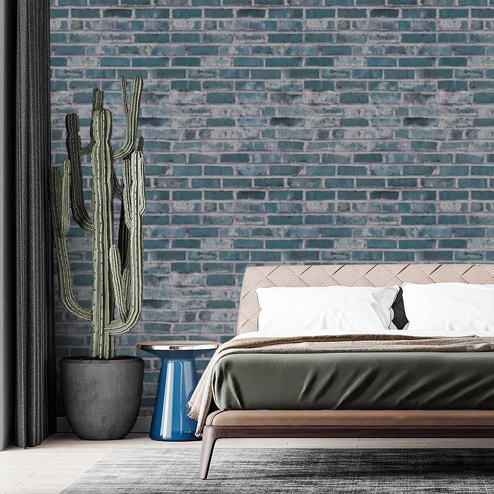 RANRAN Vintage Brick Peel and Stick Wallpaper, Teal Blue, 44 cm x 600 cm, for Bedroom Furniture Paper Removable Wall Decorations 17.3in x 236in
