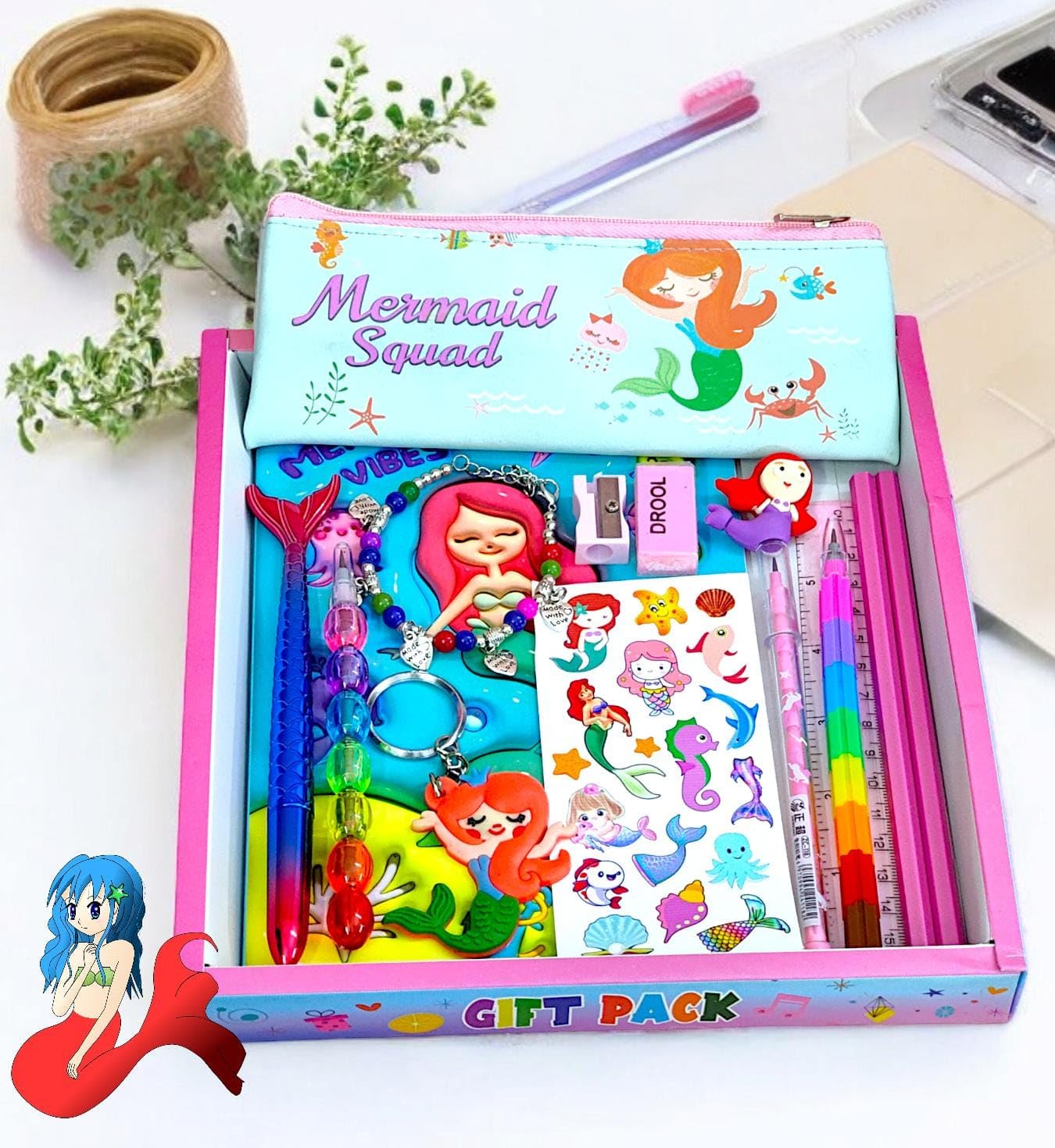 AMANVANI Mermaid School Stationery Set for Girls (Pack of 9 Items) Multi Mermaid Stationery Kit, Birthday Gifts Stationery Items, Diary, Stationery Pouch, Bracelet for Rakshabandhan Gift AMANVANI Mermaid School Stationery Set for Girls (Pack of 9 Items) Multi Mermaid Stationery Kit, Birthday Gifts Stationery Items, Diary, Stationery Pouch, Bracelet for Rakshabandhan Gift