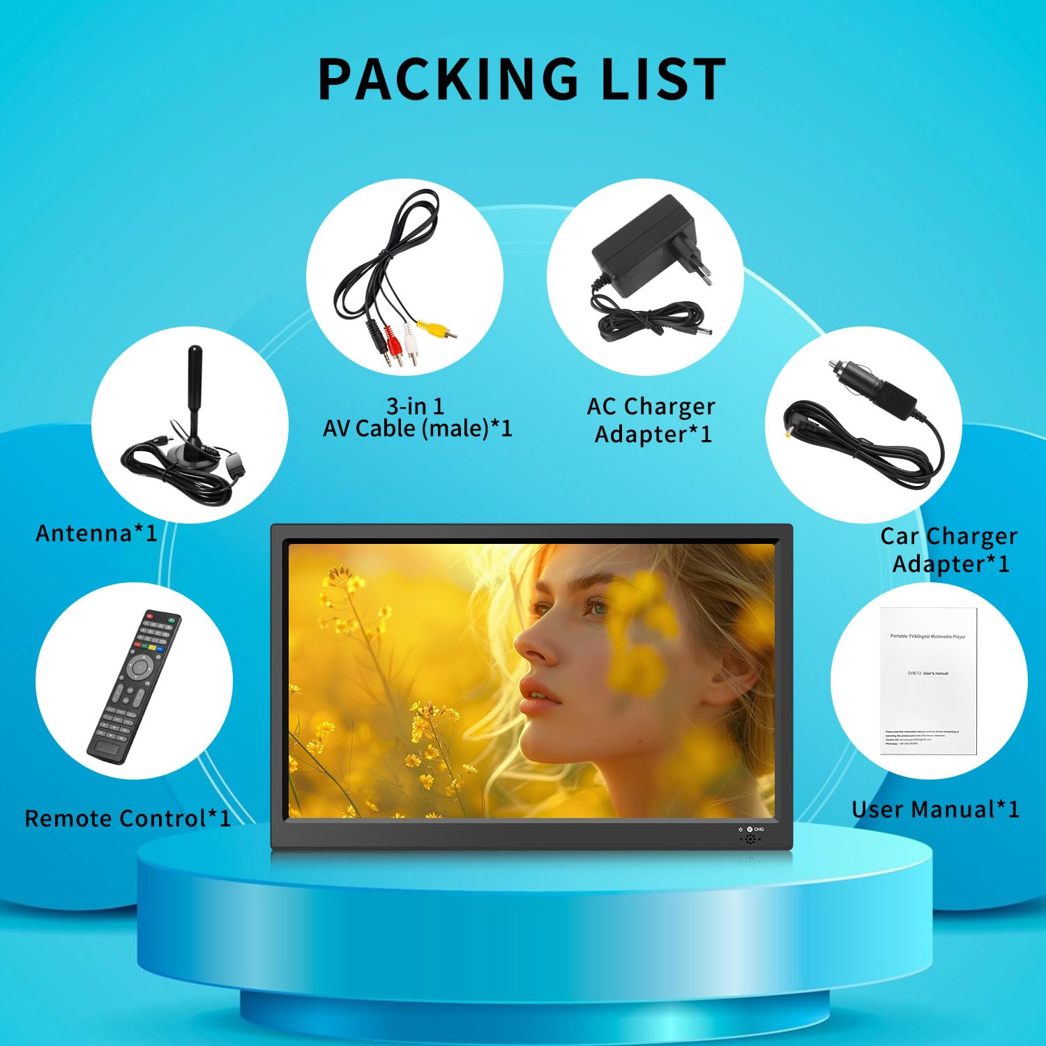 KCR 15,6-Zoll Digital TV, DVB-T2 Tuner, mit Netzkabel und 12 Volt Ladekabel, AV Eingang, HDMI Eingang, USB Slot, Fernbedienung, Tv Freeview