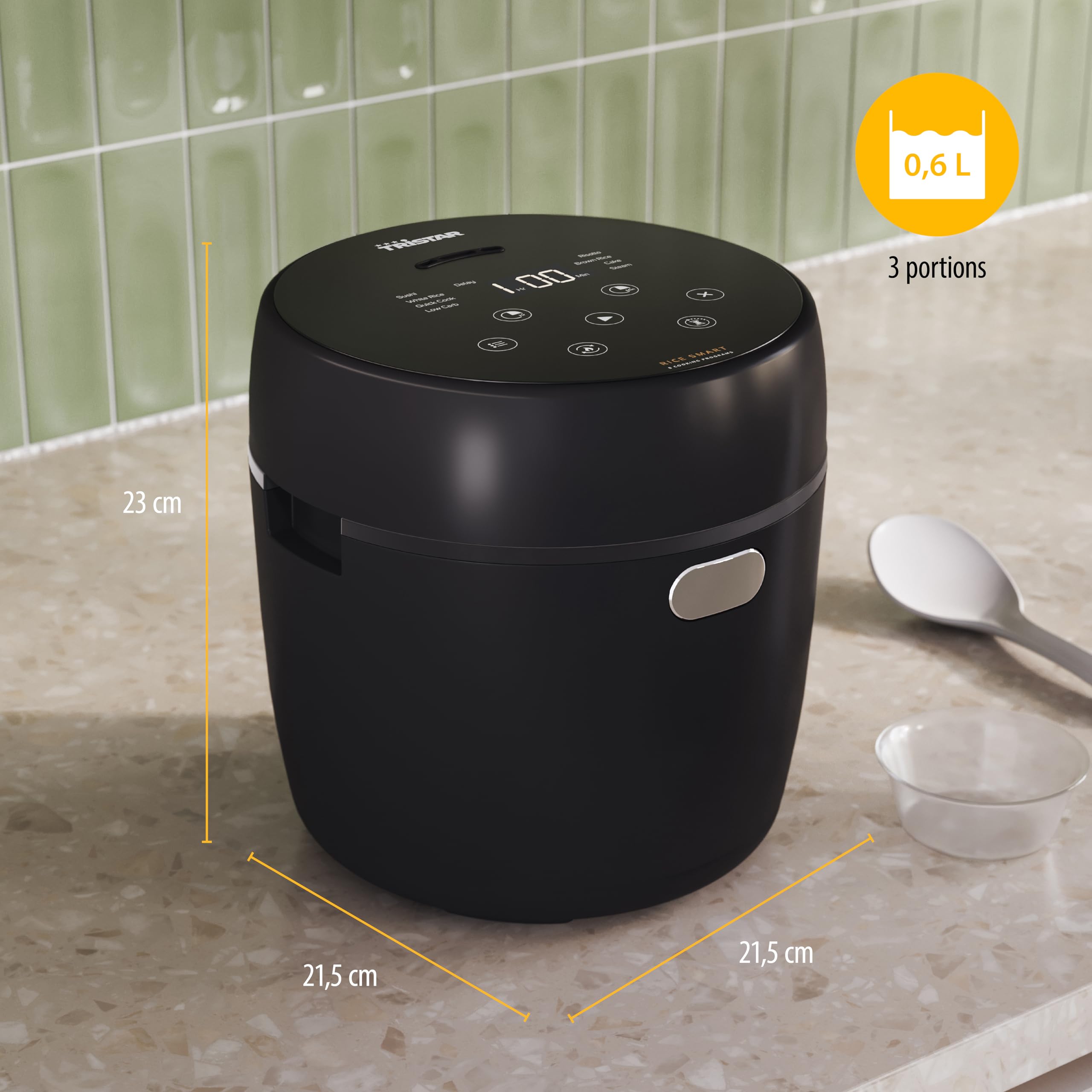 Tristar Cuiseur à Riz Numérique avec Fonction Low Carb, 8 Programmes Automatiques, Capacité de 0,6 L de Riz, Commandes Digitales, Facile à Nettoyer, RK-6238