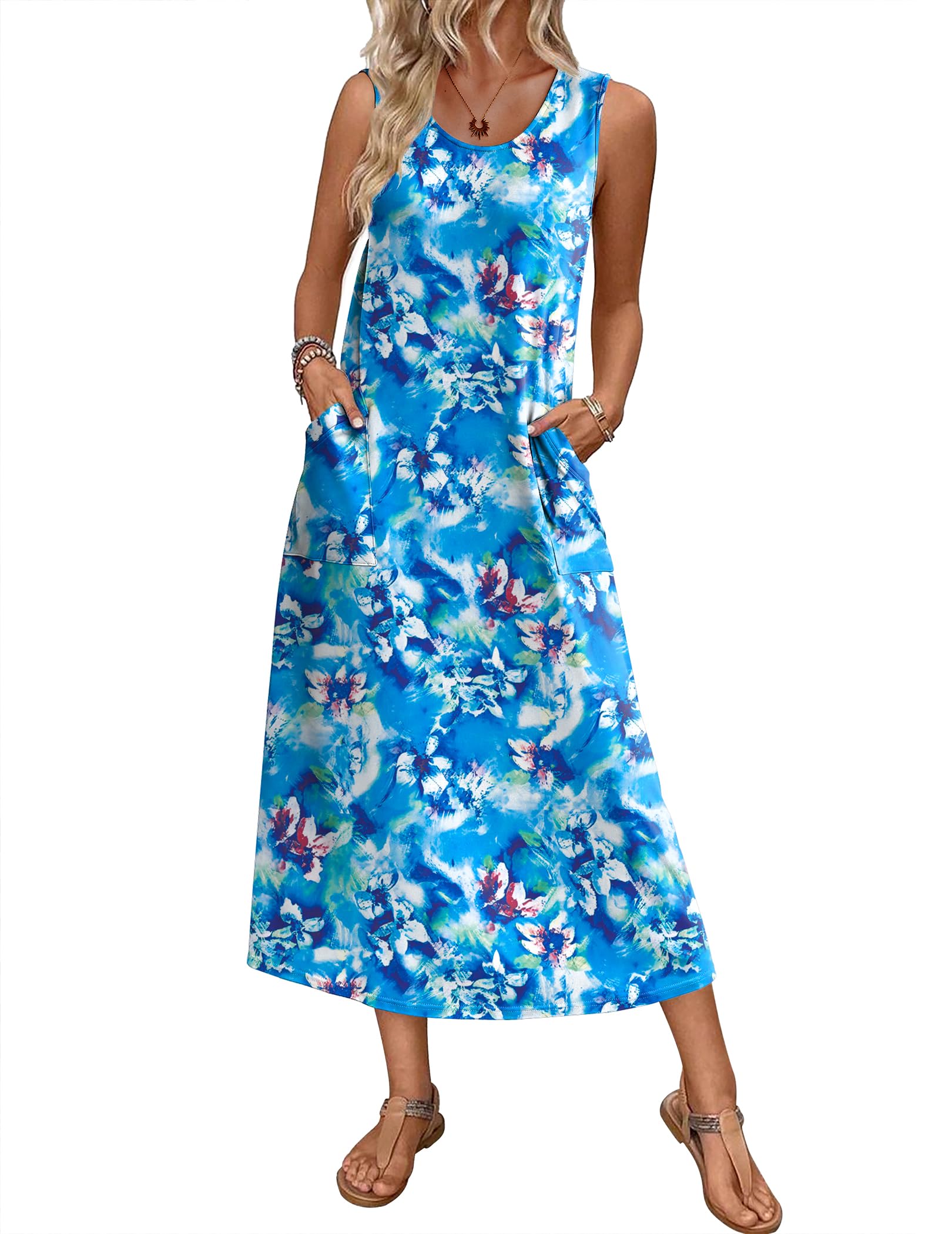 Ekouaer Nightgowns for Women Sleeveless Sleepshirt Long Print House Dress Tank Nightshirt Maxi Casual Dress with Pockets