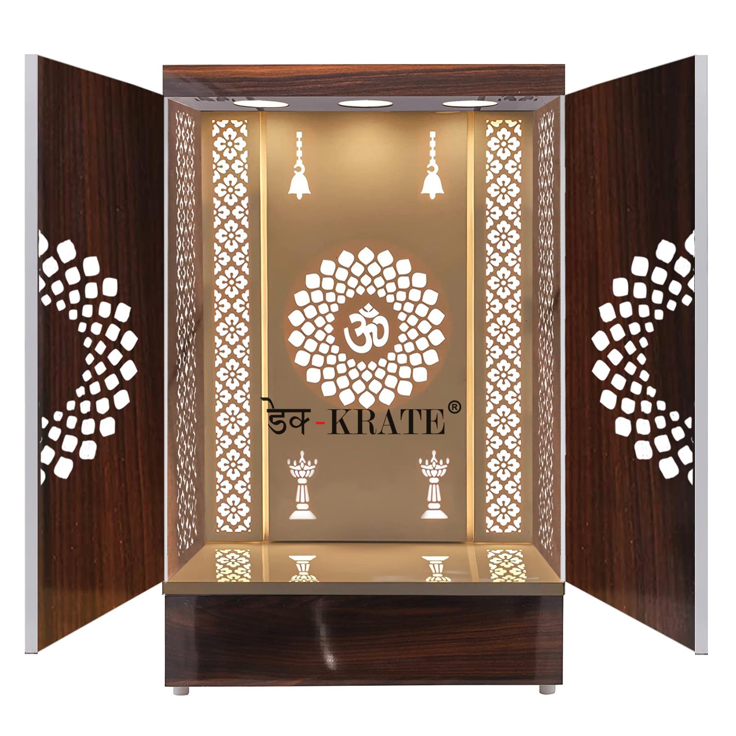 Deckrate Wooden Door Temples Wall Hanging & Table Top Wood Mandir with Lights for Home & Office Deco (Design 29) (24 x 16 x 12 INCH), White & Brown, DES-029