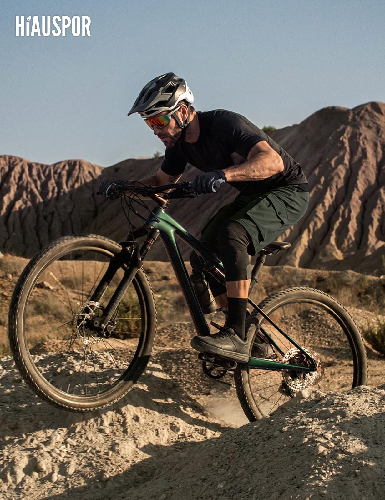 Hiauspor Pantalones Cortos de Ciclismo de montaña para Hombre, de Secado rápido, con Bolsillos con Cremallera MTB Trekking (Multi-Verde, L)