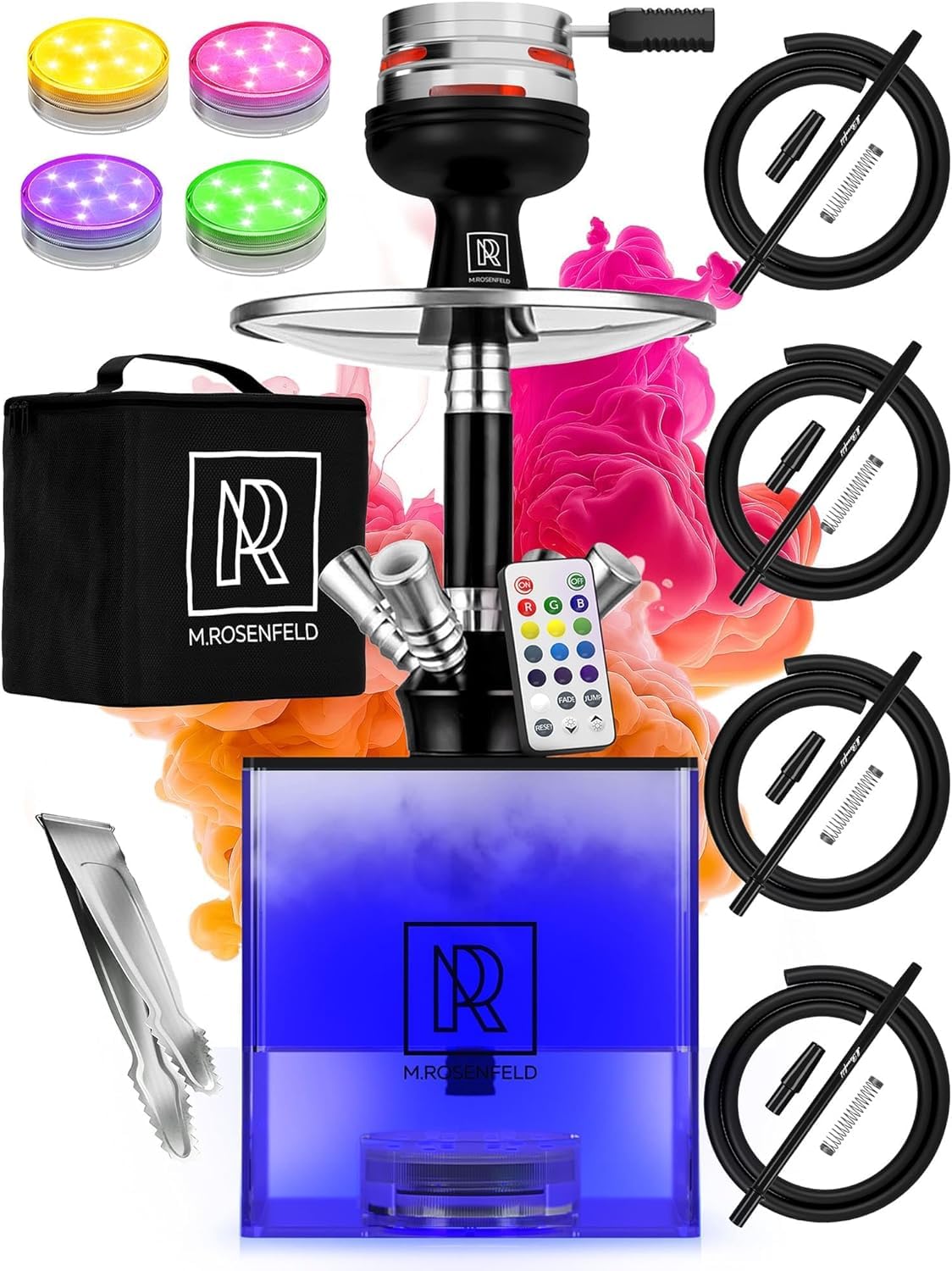 M. ROSENFELD Shisha Set mit 4 Schläuchen – YADO Square Shisha To Go mit Kohlehalter, Heat Management Device, großer schwarzer Silikonkopf und Tragetasche für Shisha