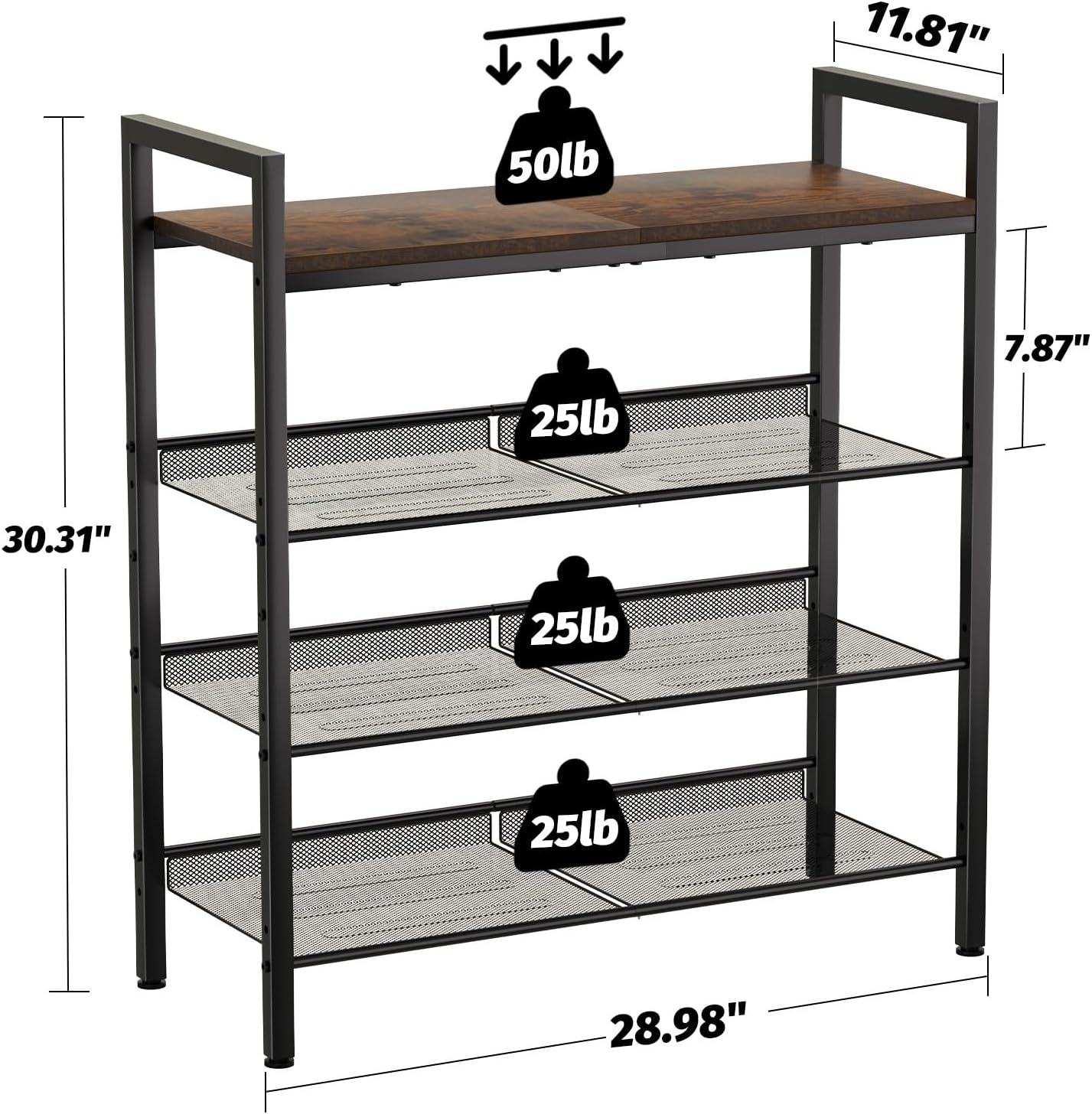 Shoe Rack for Front Door Entrance, 4 Tier Shoe Rack for Entryway, 12-16 Pairs of Shoes, Metal Shoe Rack Organizer, Free Standing Shoe Rack for Closet (Black+Rustic Brown)