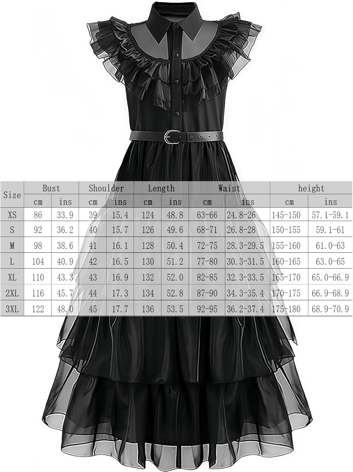 Halloween Women Black Gothic Tulle Cosplay Dress Party Ruffle Layered Prom Dance Costume Belt Necklace - Image 7