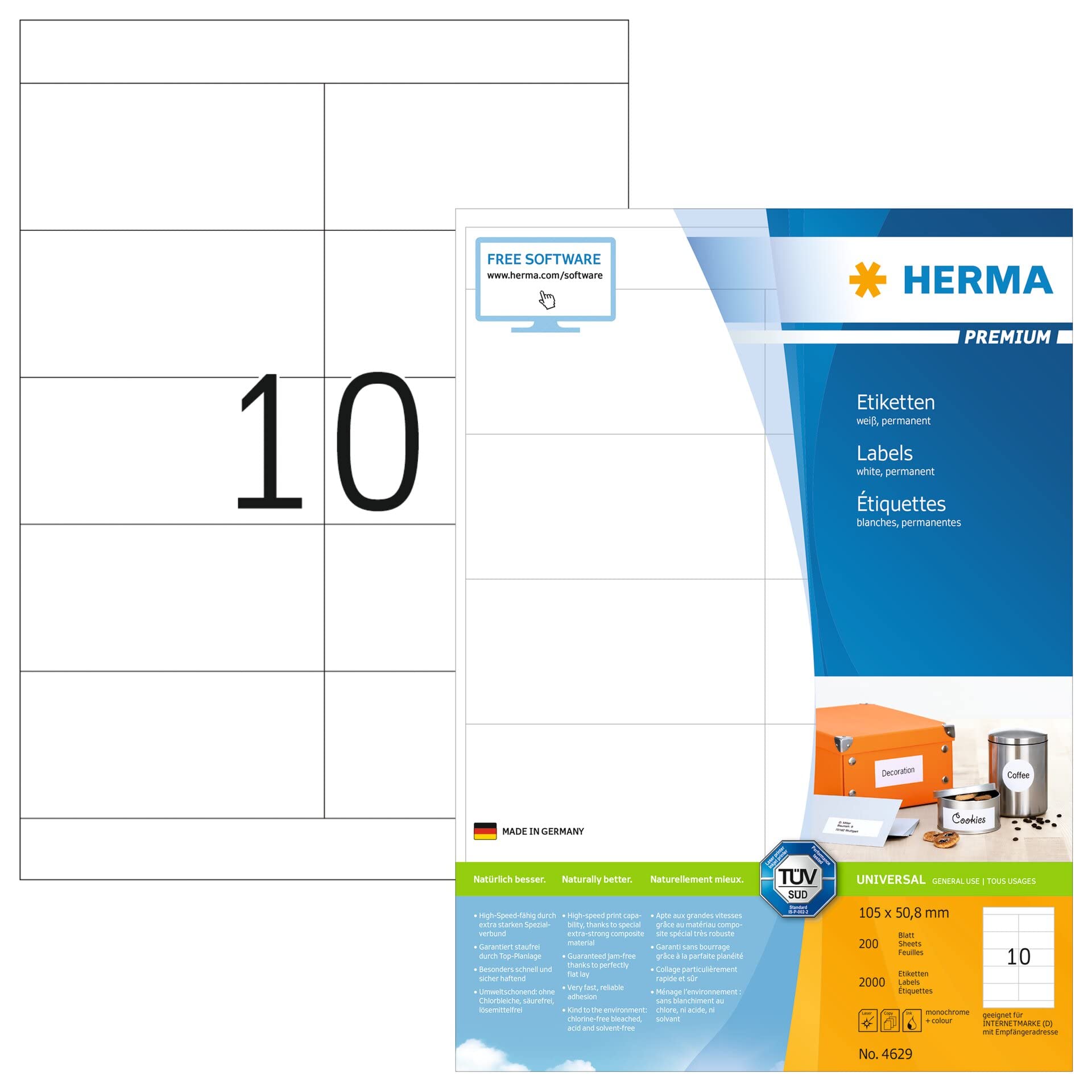 HERMA Self Adhesive Multipurpose Labels, 10 Labels per A4 Sheet, 200 Sheets, 105 x 50.8 mm, 2000 Labels, Blank Universal Labels Stickers, Sticky Labels for Laser & Inkjet Printer, White