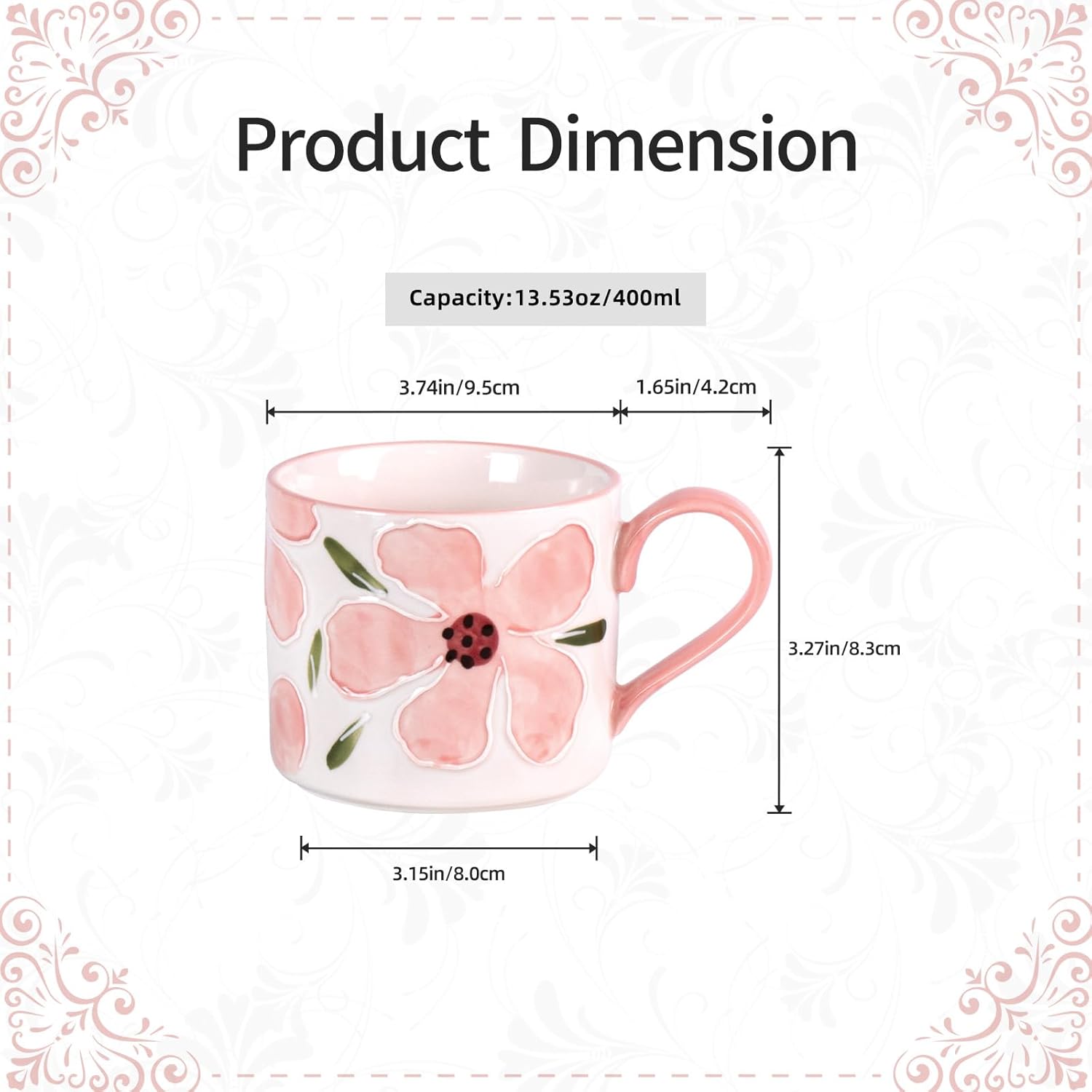 KAMMAK Pink Ceramic Coffee Mug, 13.5oz Mugs Set of 2, Novelty Cup for Tea, Juice, Milk, Cute Porcelain Water Cups with Handle for Women, Dishwasher and Microwave Safe