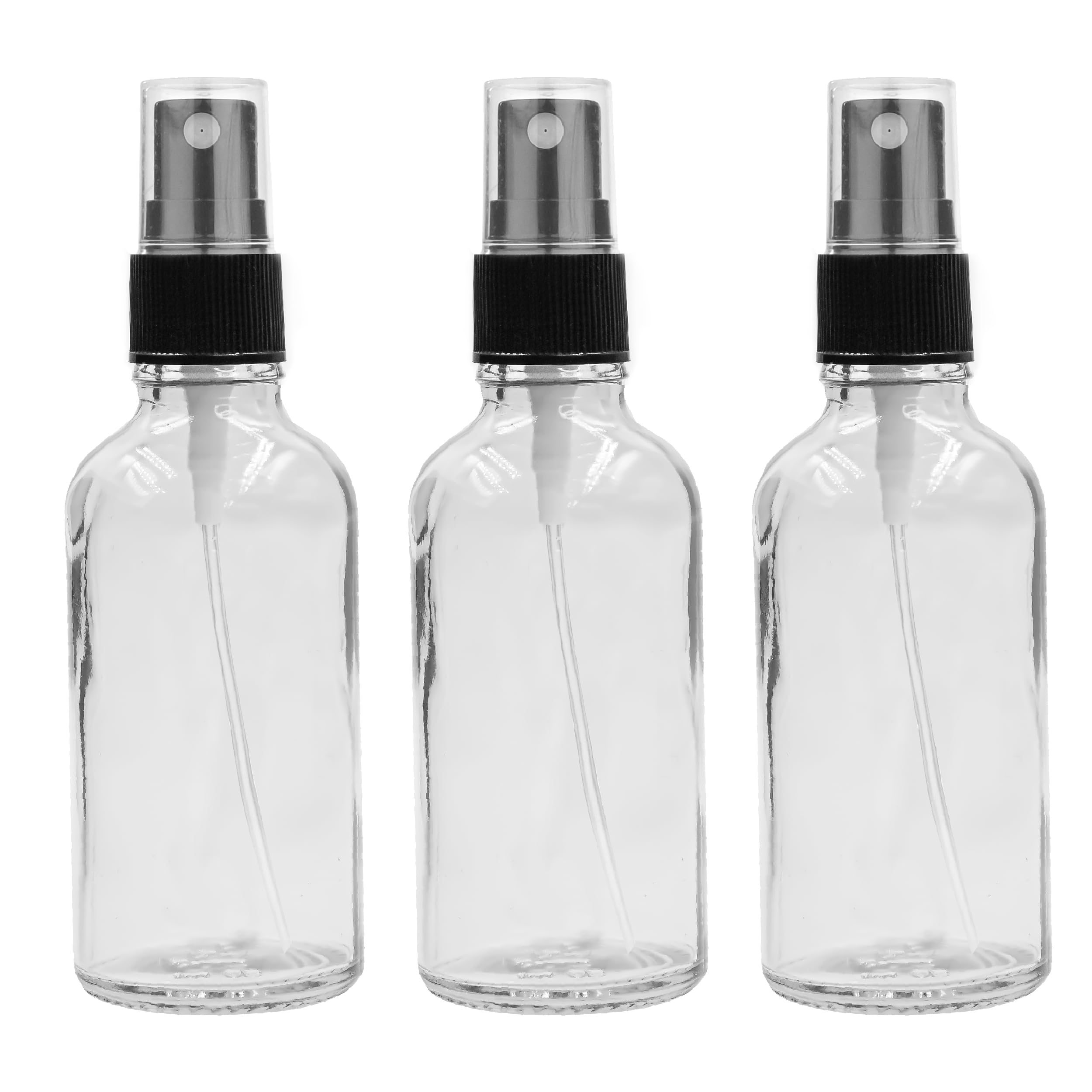 Happy Packaging 50ML Clear Round Empty Glass Botlle With Black Mist Spray and Over Cap| Refillable | Leak Proof For Essential Oils | Reusalble | DIY Perfumes | DIY serums Pack of-6