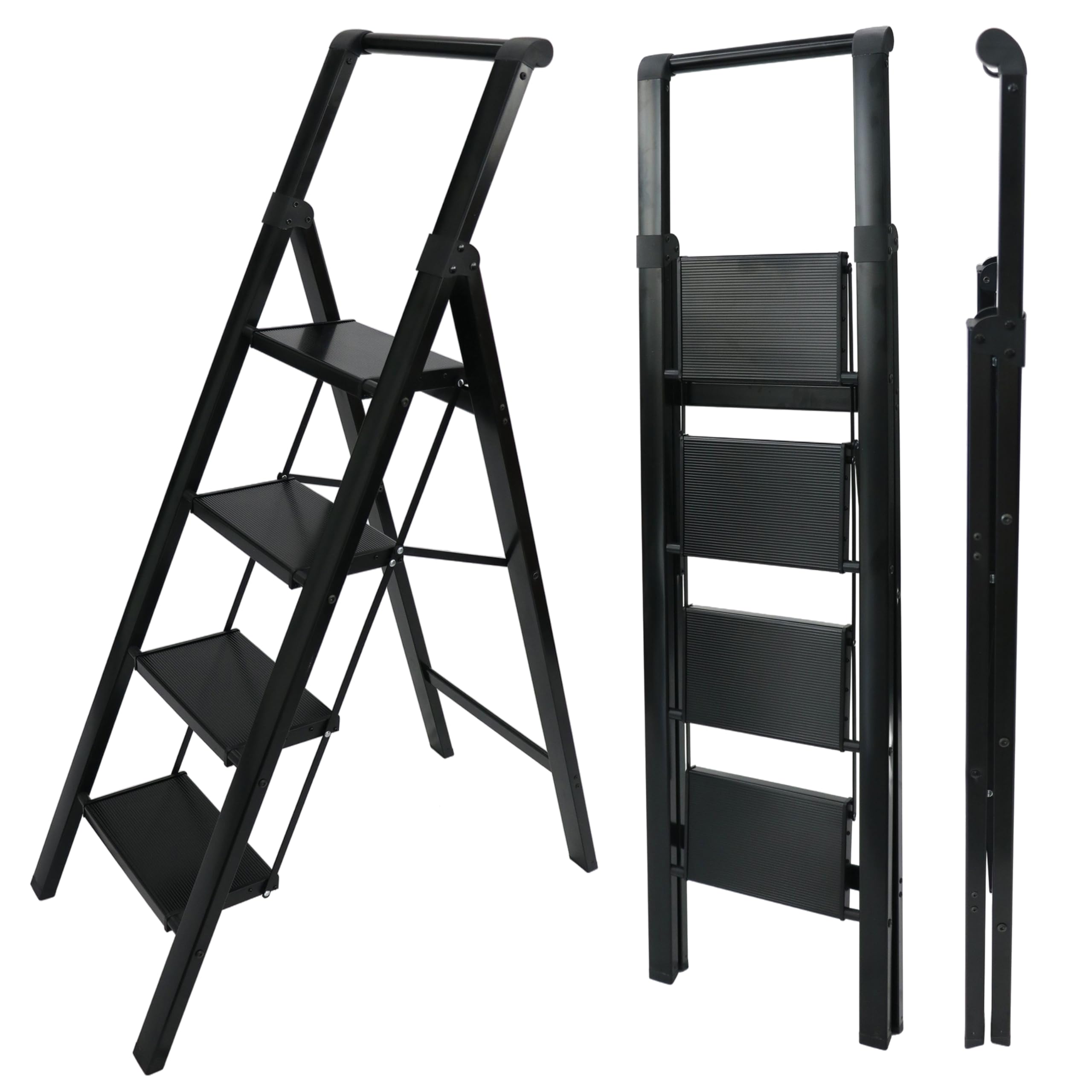 UZIRO Escaleras Plegables 4 Peldaños, Escalera de Aluminio 4 Peldaños Anchos, Sistema Antodeslizante, Muy Liviana y Facil de Guadar
