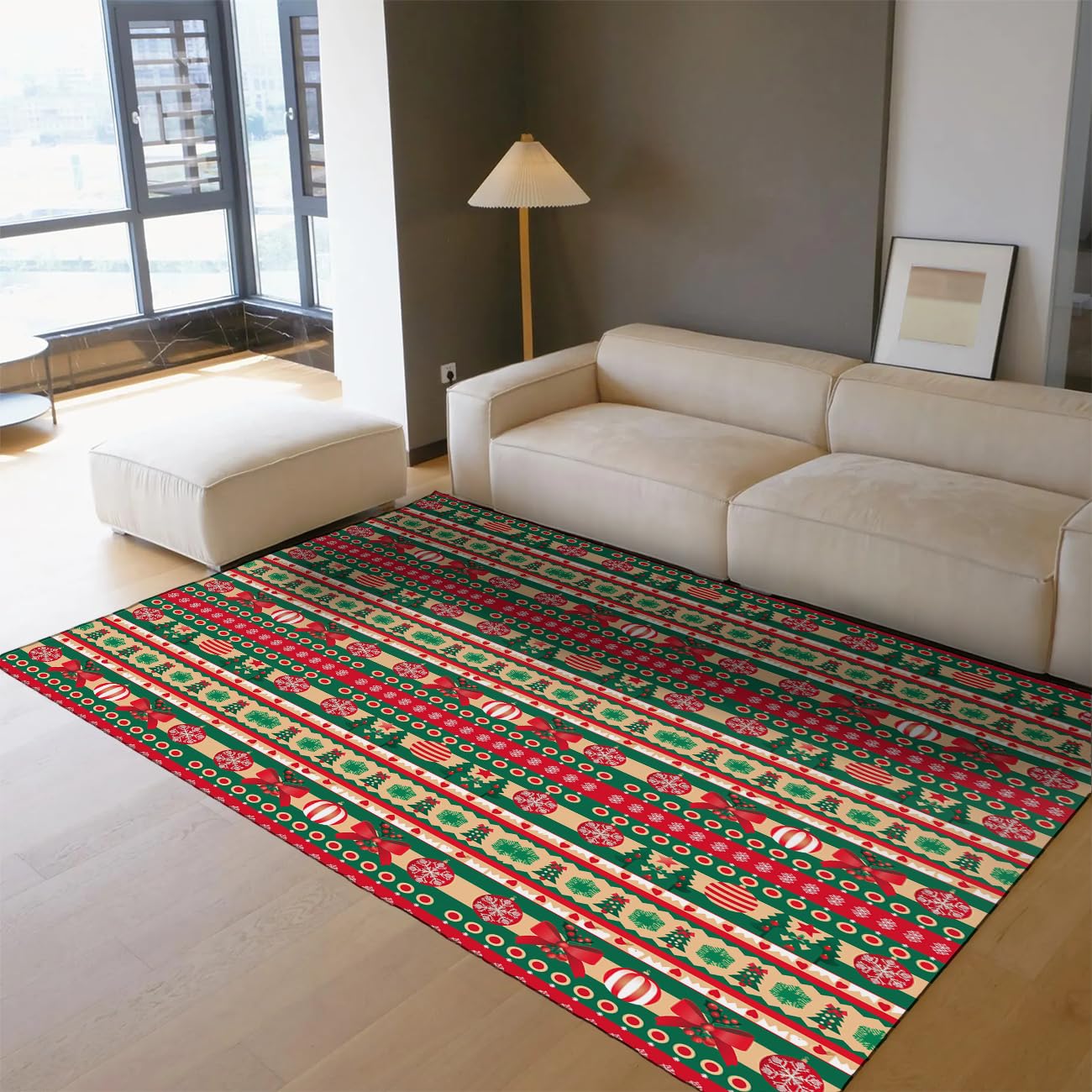 Kreskówkowy zimowy dywan 120 x 180 cm do przedpokoju salonu choinka antypoślizgowy cienki dywanik można prać, czerwono-zielony, składany dywan w paski