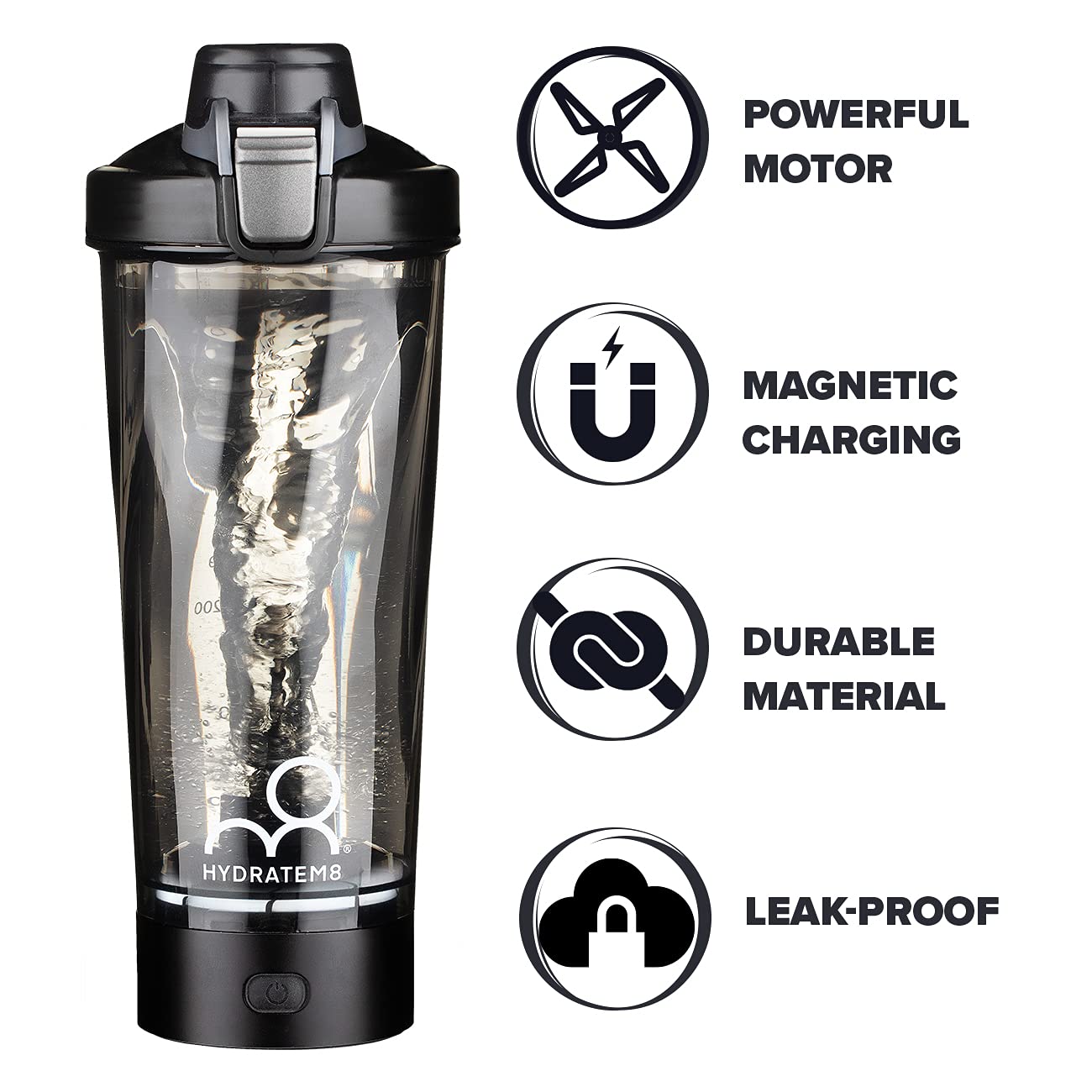 HYDRATEM8 Electric Shaker Bottle 20oz: Automatic Clump-free Nutrition Powder Vortex Blender Cup with Magnetic Charging - Leakproof & Quiet Protein Mixer - Black Portable Gym Gifts for Athletes/Gym