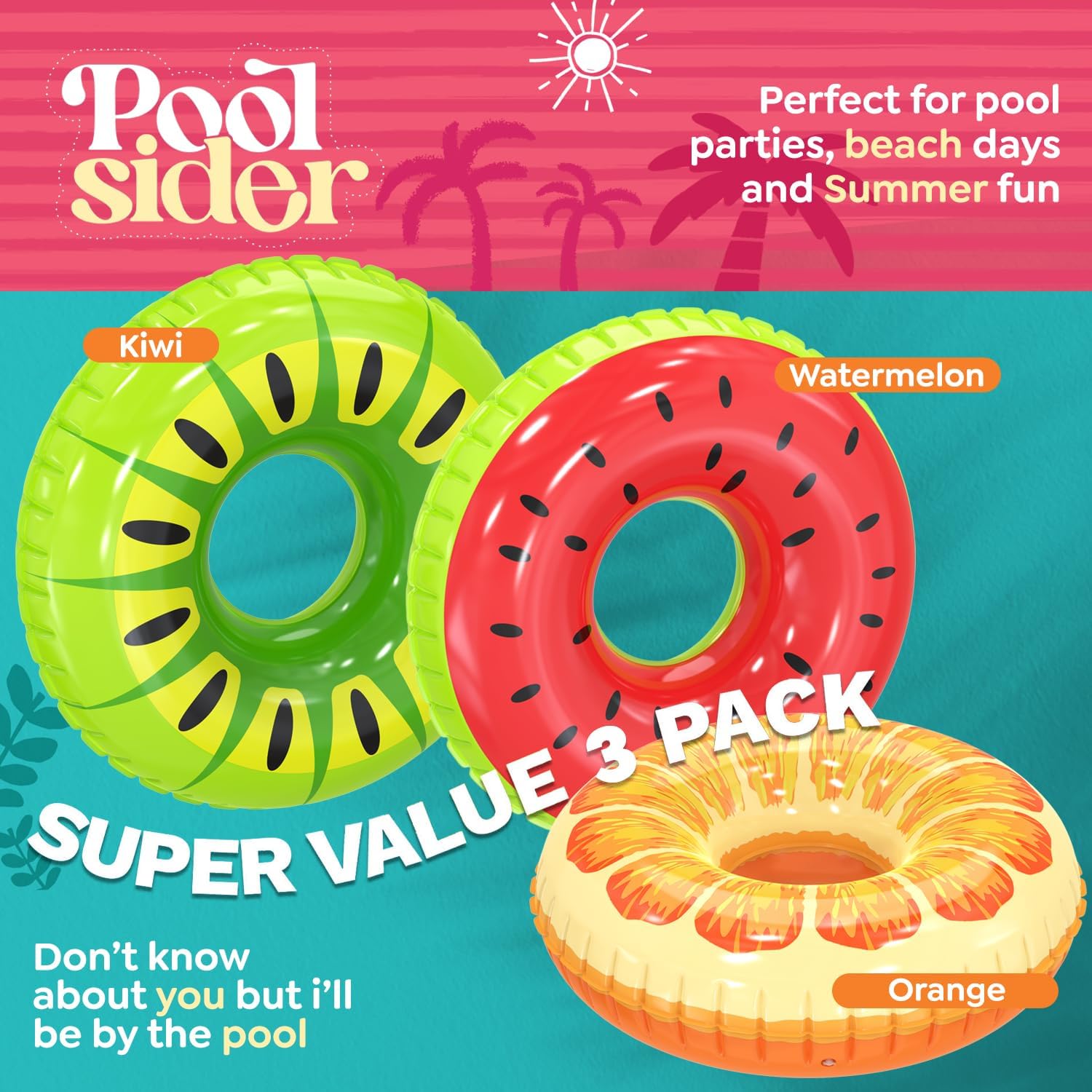 Inflatable Pool Floats (3 Pack) | Large Fruit Pool Floaties (32" Diameter) | 3 Pack Pool Tube Includes Orange, Watermelon & Kiwi - Pool Tubes for Kids | Inflatable Pool Toys by Poolsider