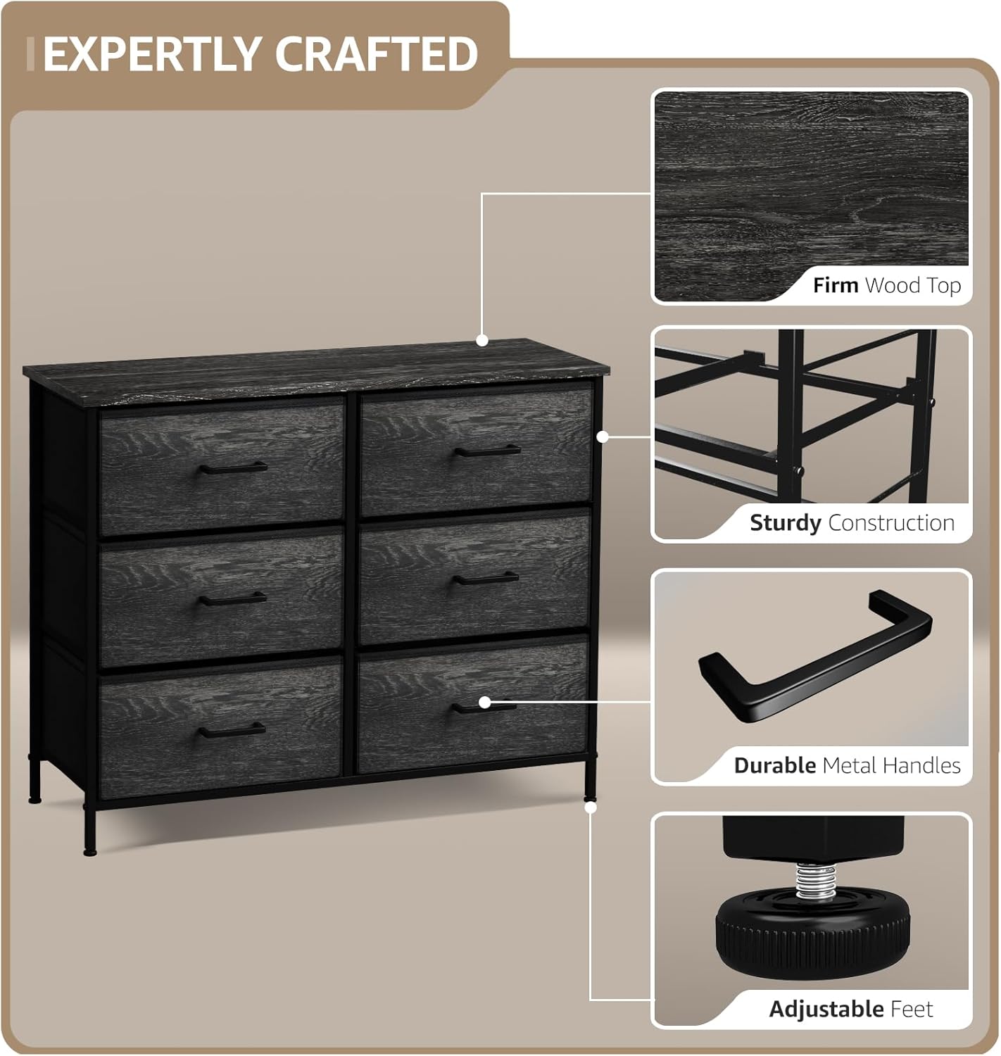 Sorbus Dresser with 6 Faux Wood Drawers - Chest Organizer Unit with Steel Frame Wood Top & Handle Easy Pull Fabric Bins for Clothes - Storage Furniture for Bedroom, Hallway, Living Room & Closet