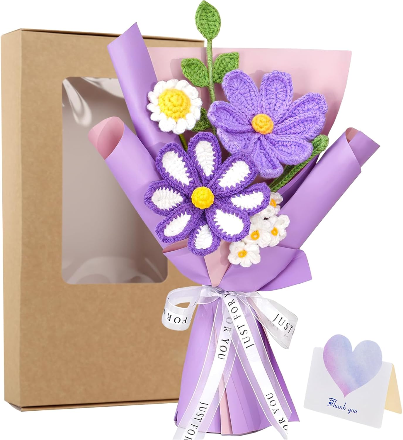 Purple Crochet Flower Bouquet - Handmade Knitted Flower Bouquet for Friend Lover Mom Birthday Party Gift, Crochet Daisy Flowers with Card for Wedding Anniversay Home Decor - Image 2