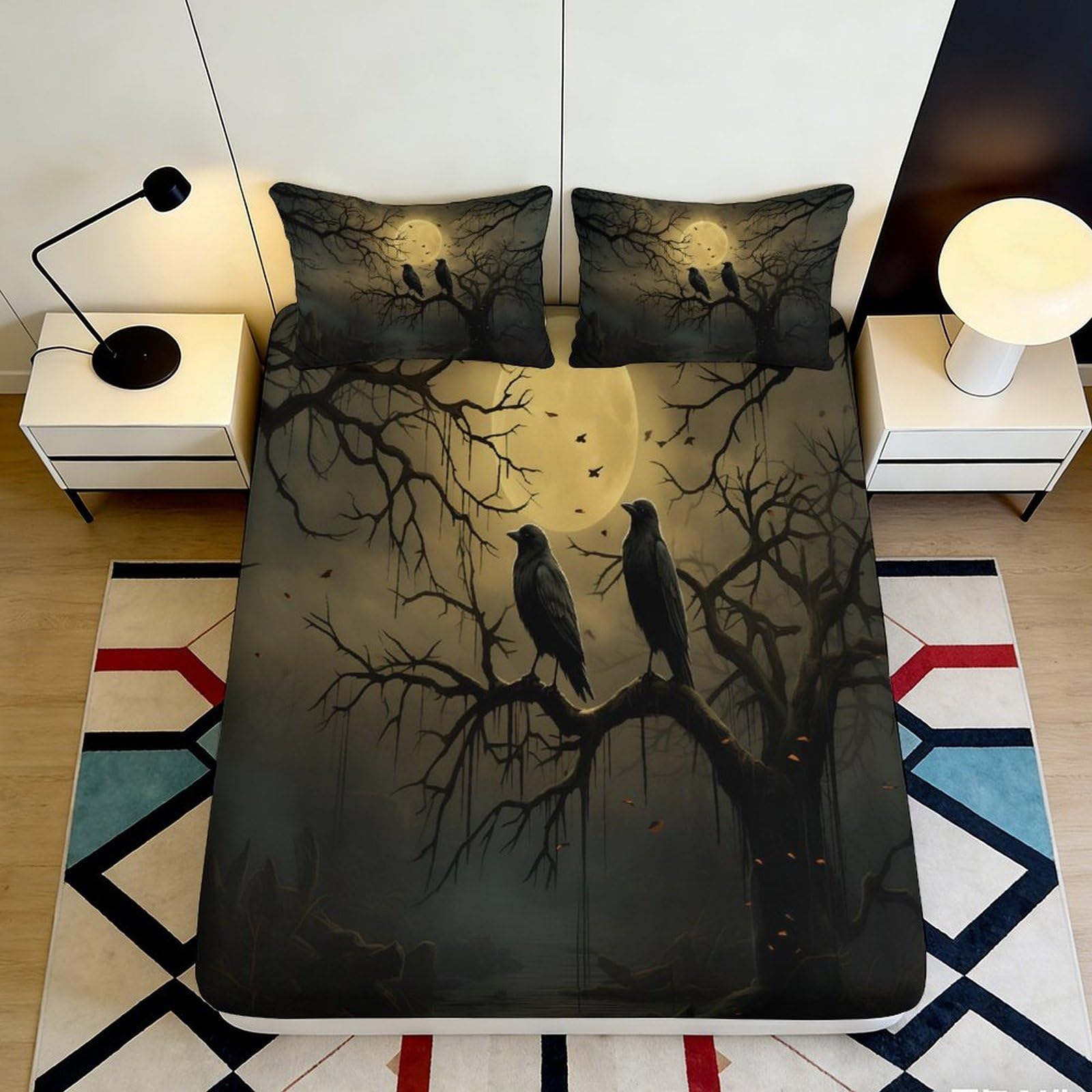 Pnayamiorkfel Style-6 3D Printed Dark Raven Moon Fitted Sheet Microfiber Soft Mattress Cover Gothic Tree Bedroom Decor 90X200x25cm