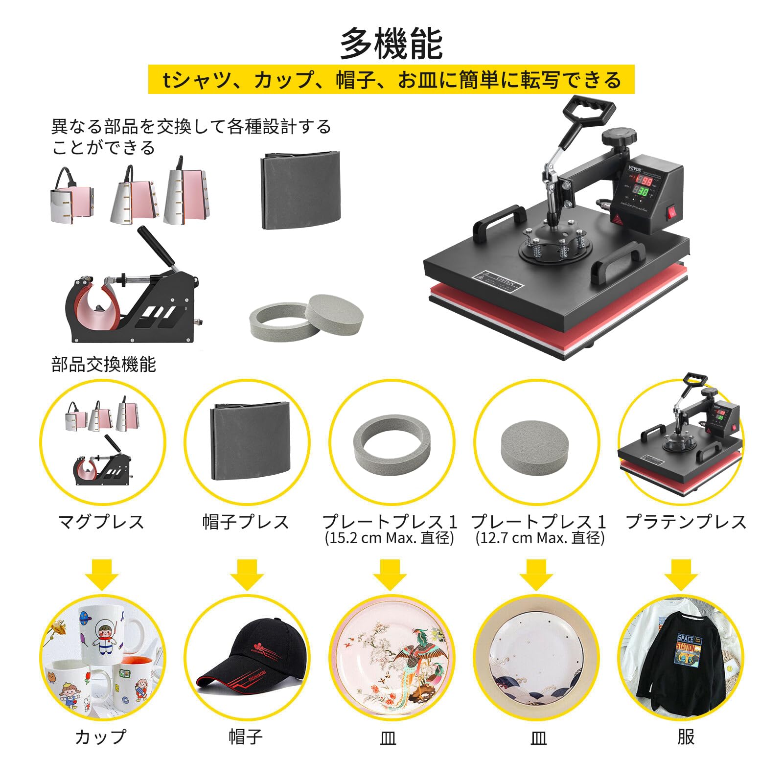 Amazon.co.jp: VEVOR ヒートプレス機 8イン1コンボ 熱プレス 15x15