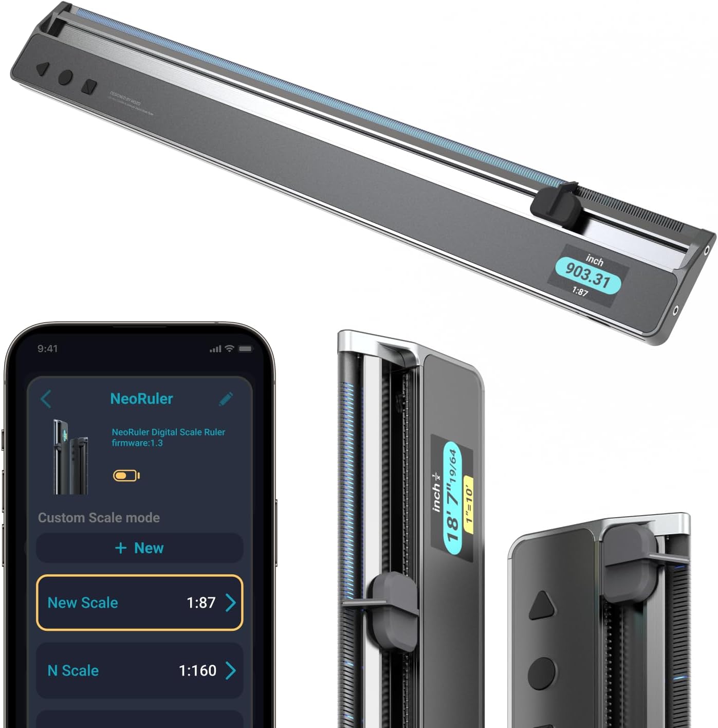 HOZO NeoRuler Digital Scale Ruler, 12 inch Smart Scale Ruler with Infinite Customized Scales and ±0.004 inch Accuracy, 93 Built-in US Imperial, Metric Scales, Architectural and Engineering