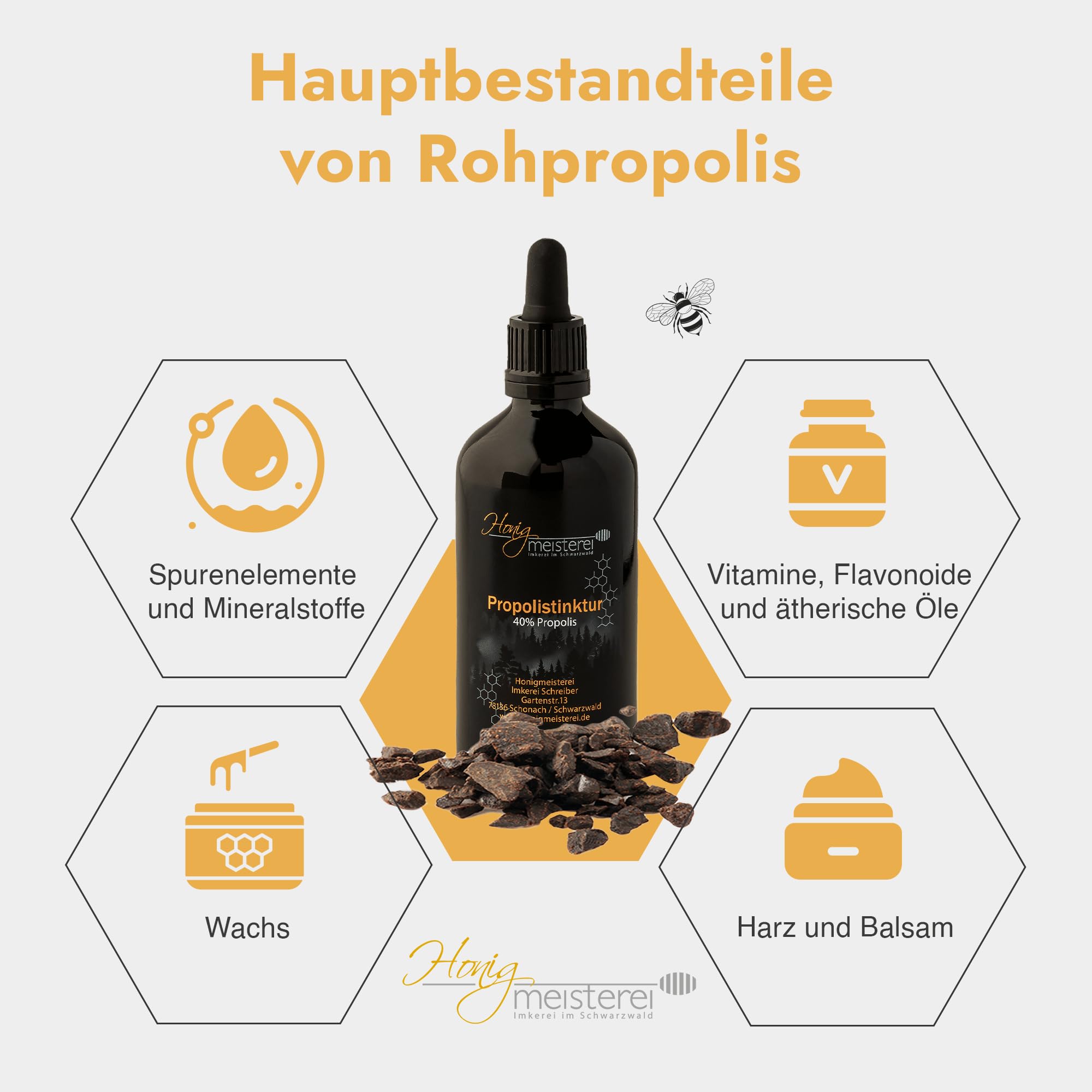 Honigmeisterei Propolis Tinktur 100ml mit 40% natürlichem Propolis, hochdosiert aus Schwarzwälder Imkerei, Tropfen ohne Zusatzstoffe, für die innere oder äußere Anwendung