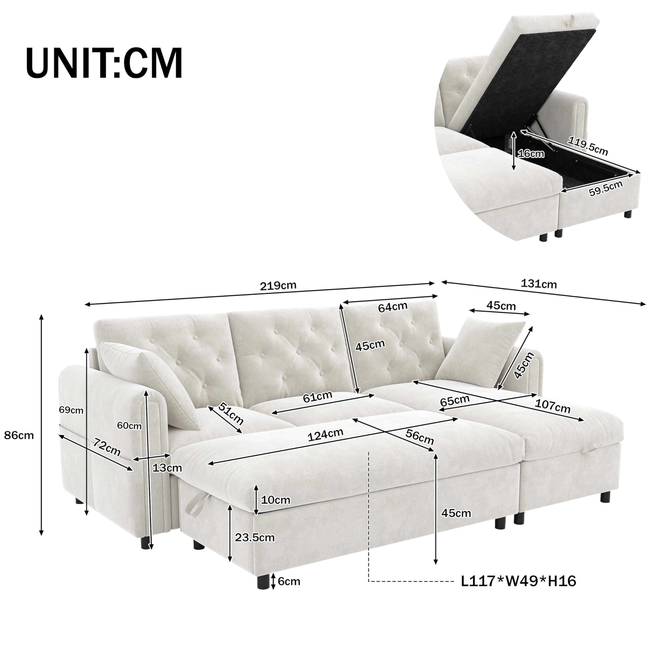 Moimhear Sofá de terciopelo con chaise longue intercambiable, color beige, 219 x 131 x 86 cm, reposapiés, bolsillos para revistas, cierre con botones