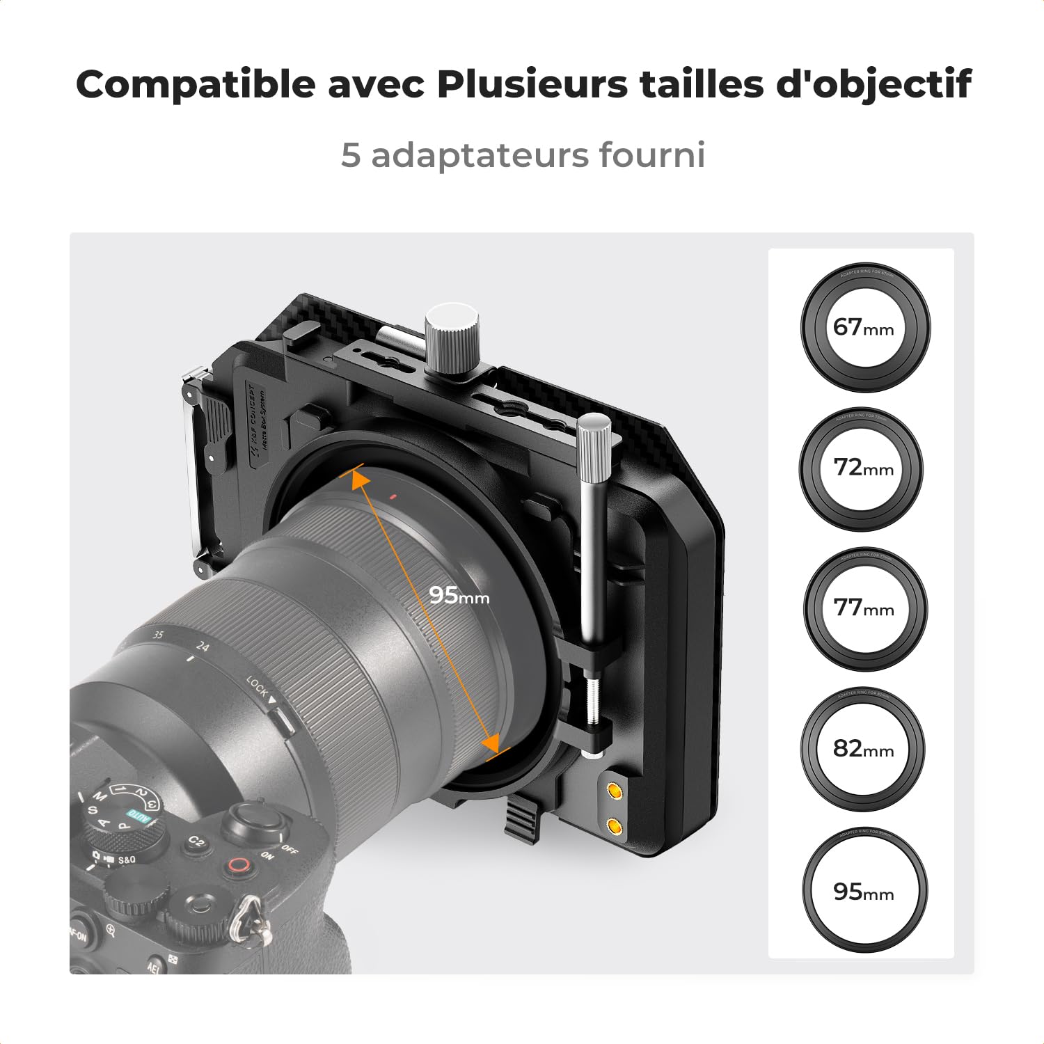 K&F CONCEPT Matte Box et Filtre Carré ND4 ND32 avec 2 Cadre et 5 Adaptateur | Kit,5 Bagues 67/72/77/82/95mm,Solide,HD,Nano-revêtement,Étanche,Verre optique,Résistant à l’huile et aux rayure,FM703
