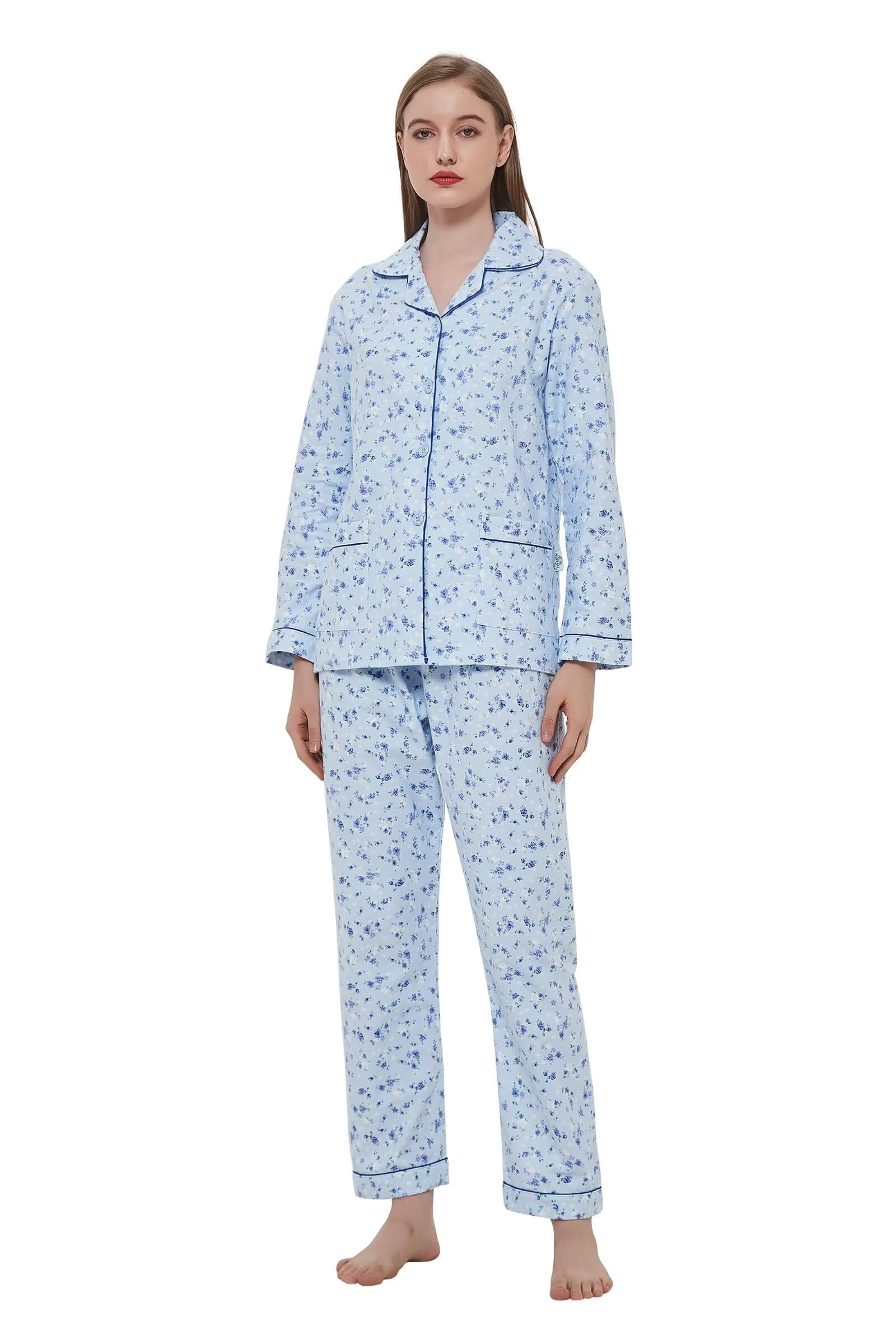 GLOBAL Women's Flannel Pajamas Set 100% Cotton PJs for Women Long Sleeve Button Drawstring Waist Warm Loungewear Sleepwear