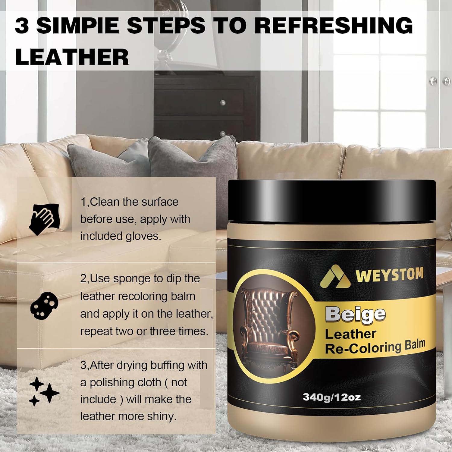 Leather Recoloring Balm, 12oz Large Size Leather Dye, Color Restorer, Scratch Repair, Furniture & Couch Restorer Kit, Repair Kit for Furniture(Beige) - Image 2