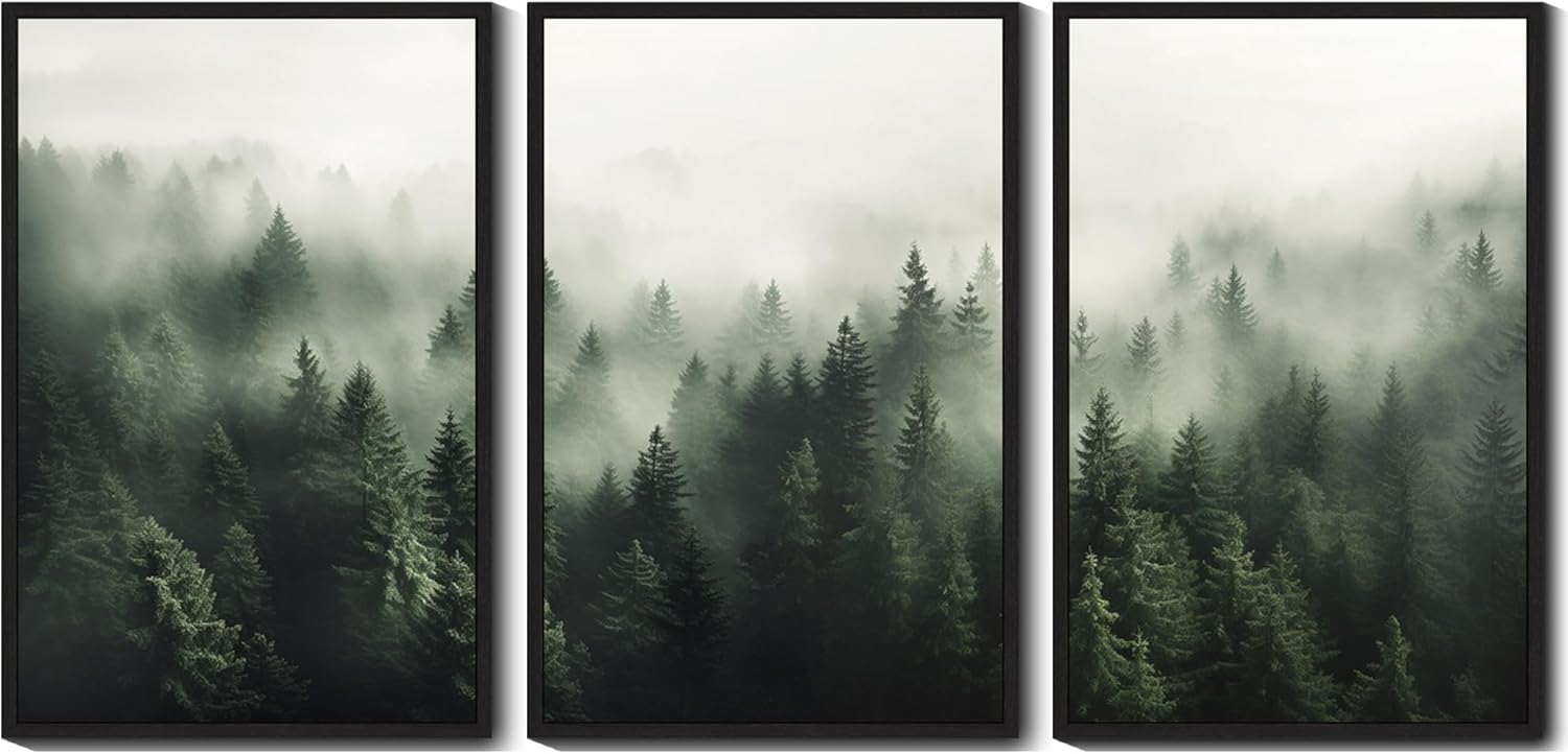 SHENIFY Green Fog Pine Tree Forest Canvas Wall Art Large 24x36in Framed Modern Artwork Prints Decor - Black Framed