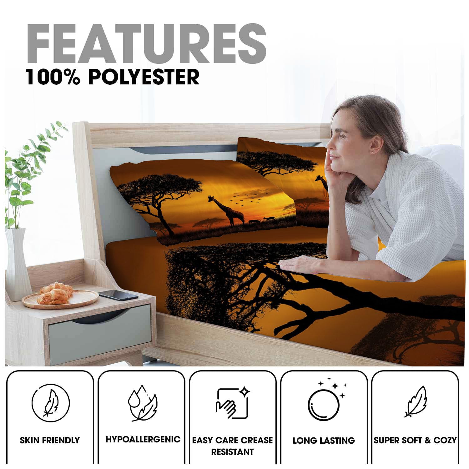 Sábana Bajera Ajustable De Jirafa De Sabana 200X190/200Cm, Juego De Ropa De Cama De Animales Africanos, Naranja Quemado, Sábana Bajera De Set (Sin Sábanas Encimera) Microfibra Suave Lavable