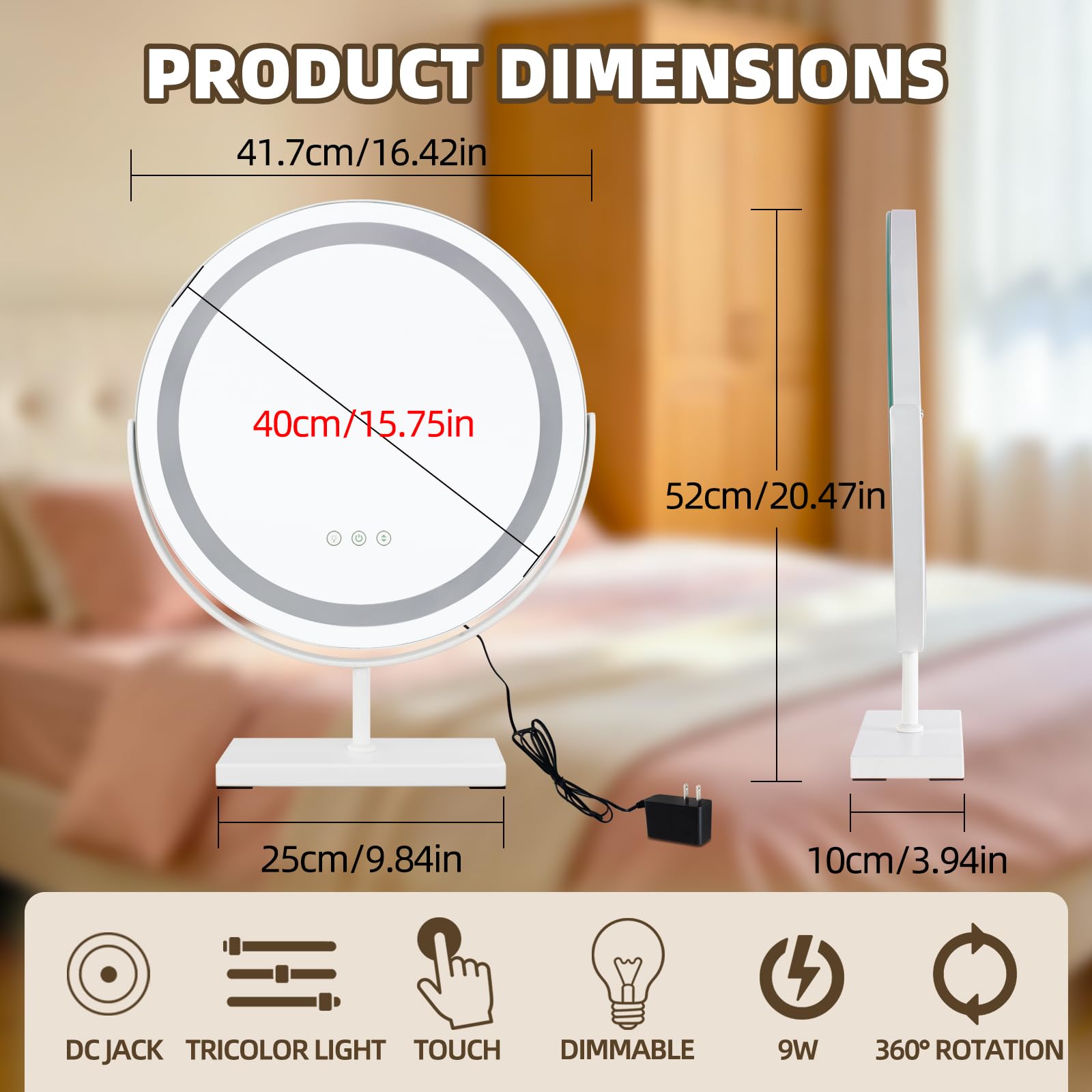 MantoLite Espejo de Maquillaje Redondo LED Iluminado 40 cm Blanco Táctil | Espejo de maquillaje grande giratorio 360° con luces, espejo de mesa regulable con 3 modos de iluminación.