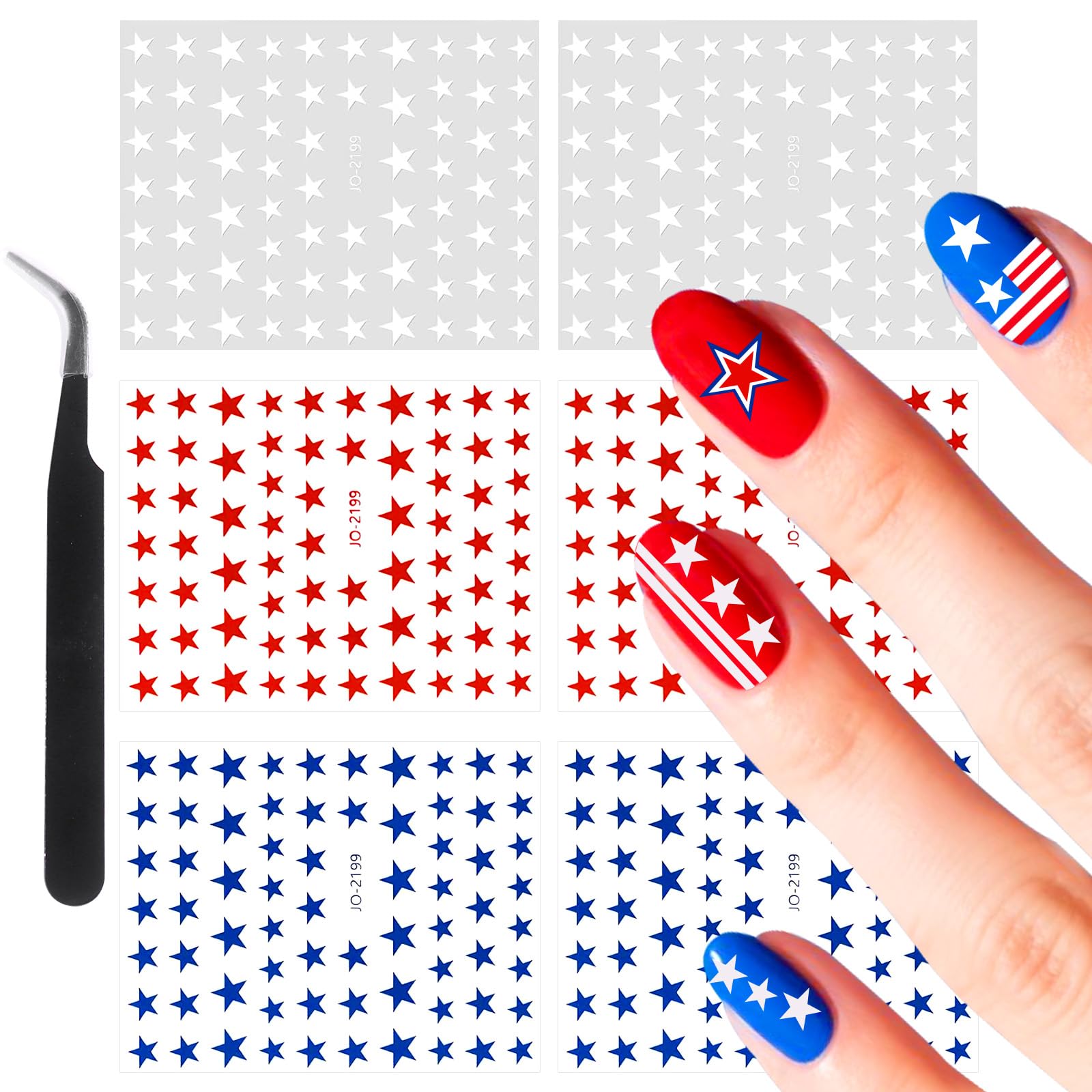 Allstarry Red White and Blue Star Stickers, 6 Sheets 4th of July Nail Stickers, Self-Adhesive Patriotic Nail Stickers Stars Nail Decals Small Star
