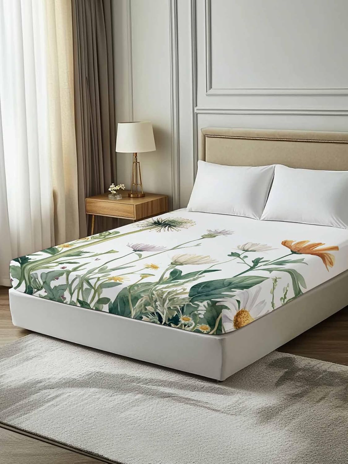 Top Sheet Full Bedding Flat Sheet Only, Spring Farmhouse Wildflowers Floral Microfiber Bed Sheets Soft Breathable Bedding Flat Sheets, Pastoral Garden Plant Hotel Luxury Top Sheets