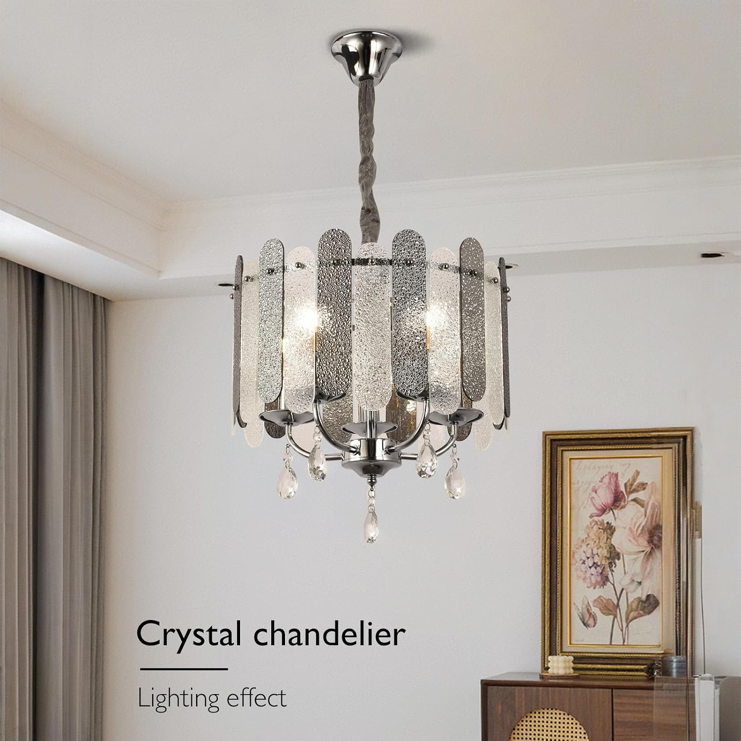 15.3" Modern Black Crystal Chandelier, Round Chrome Ceiling Light Fixture for Kitchen Island, Dining Room, Bedroom, Foyer, Entryway, Adjustable Hanging Pendant Lighting