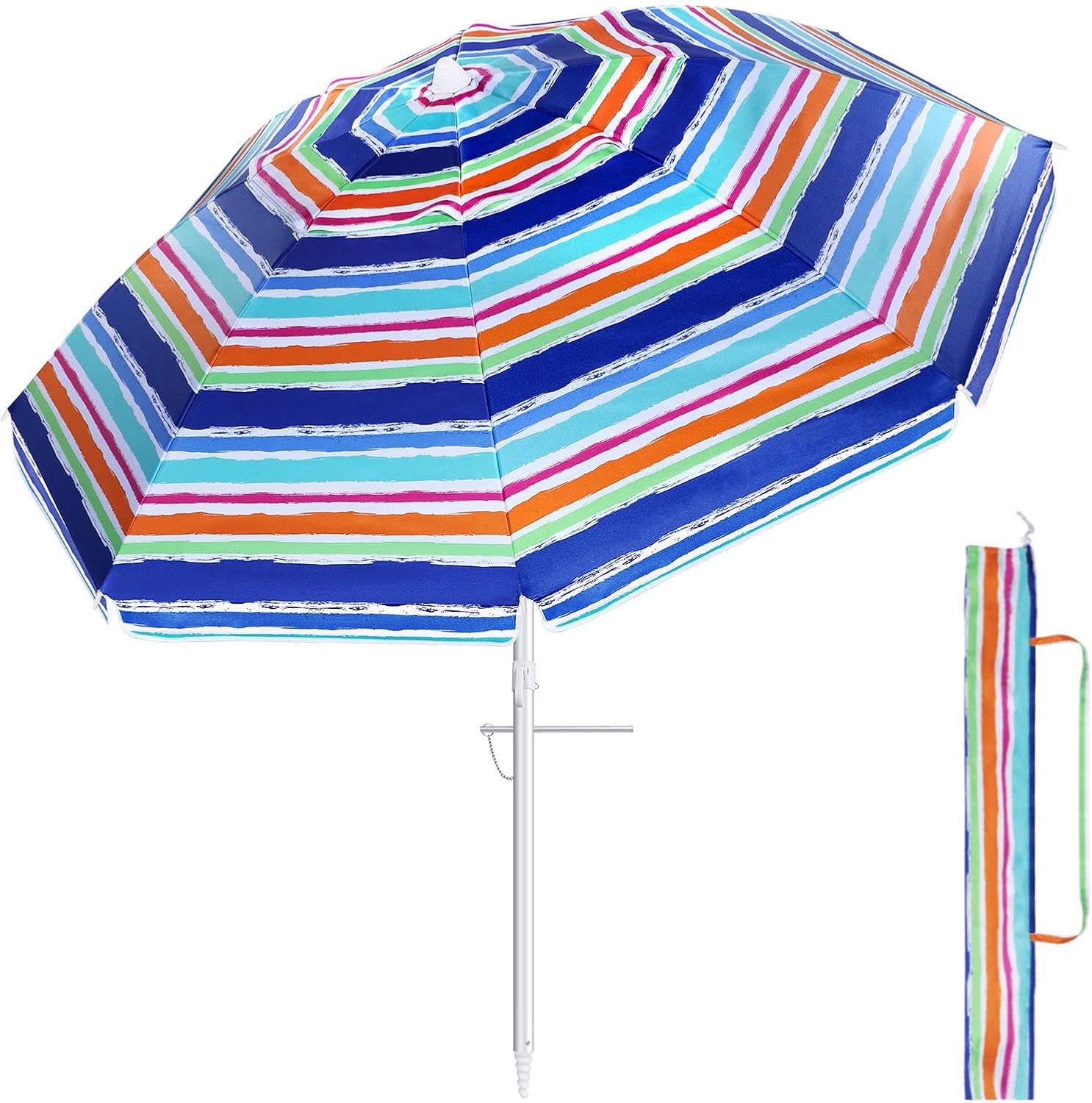 FEFLO Portable Beach Sand Umbrella Outdoor: 7ft Arc Length 6.5ft Diameter UV 50+ Large Heavy Duty Wind Proof Umbrella with Anchor and Adjustable Tilt Pole - 8 Ribs Lightweight Parasol with Carry Bag Y-stripe blue orange blue
