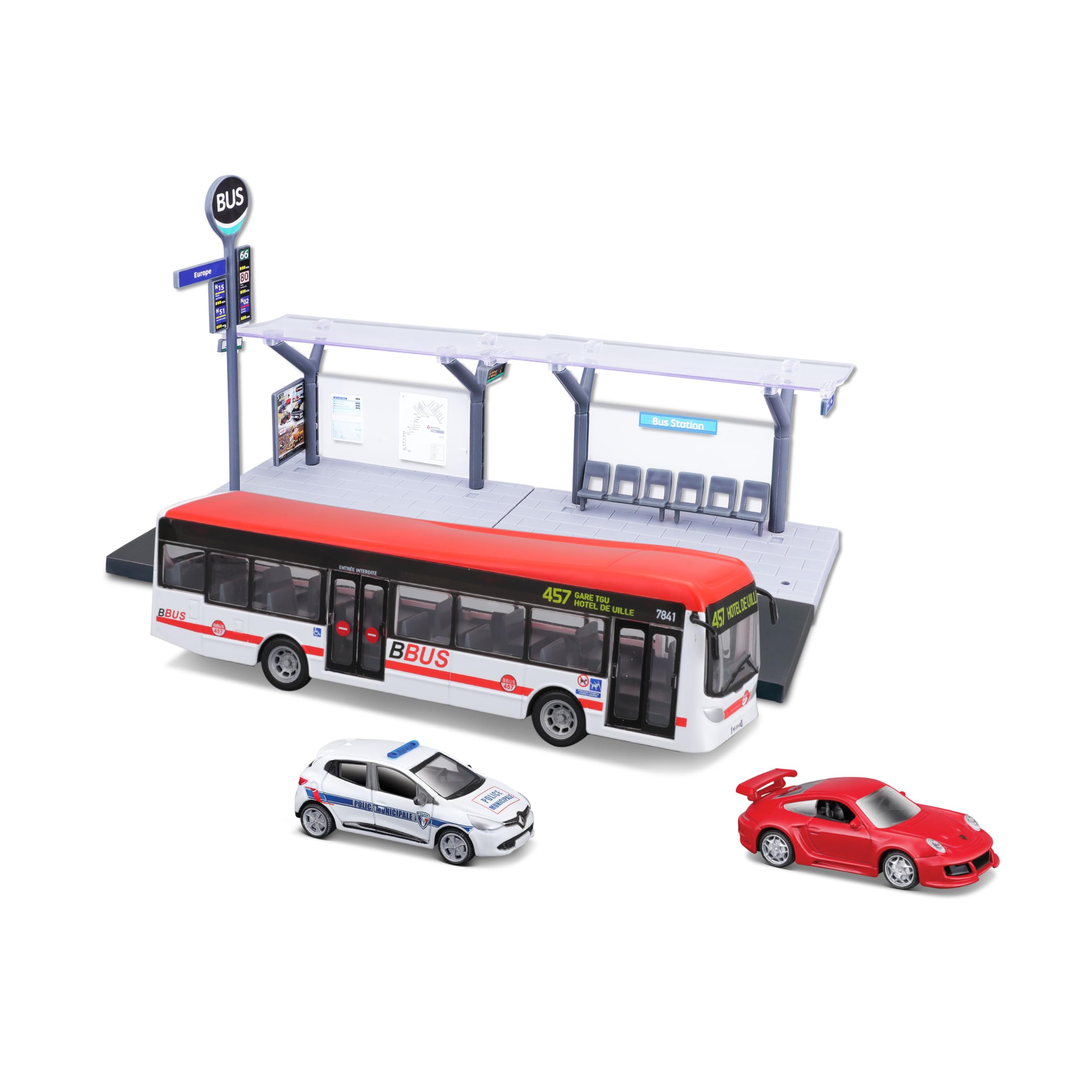 Bburago - Playset Public Transport w skali 1/64 - autobus, tramwaj, stacja + 2 pojazdy - Zabawka edukacyjna dla dzieci - modele losowe - Rozwija wyobraźnię i kreatywność