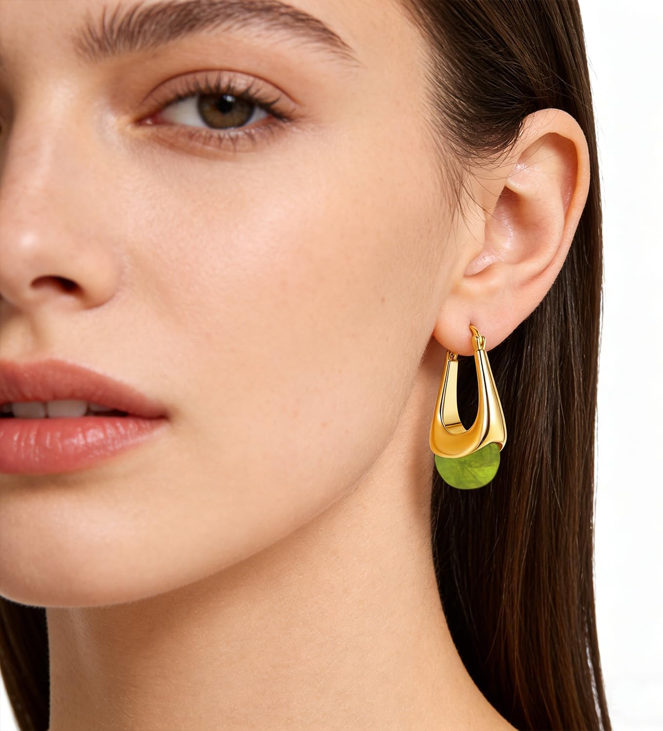 Valentine Day Gifts for Her Women,Vintage Chunky Gold Hoops Earrings for Women, Gold Dangle Drop Earrings with Brown/Pink/White/Green Resin Gemstones, 18K Gold Plated Trendy Statement Earrings,Exaggerated Large Teardrop Trendy Jewelry for Christmas - Image 2