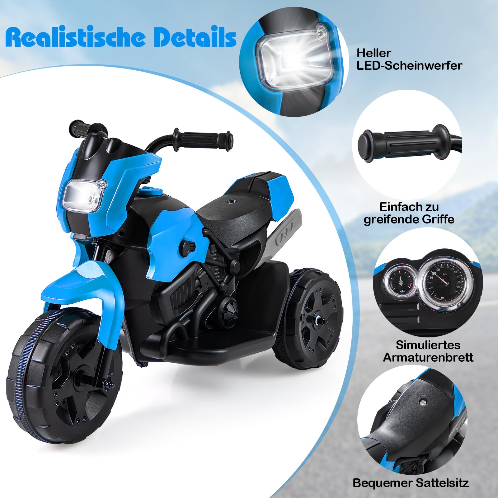 DREAMADE 6V Kinder Motorrad, Elektromotorrad mit 3 stabilen Rädern & LED-Scheinwerfer & Fußpedal, Elektrisches Motorrad für Kinder ab 3 Jahren (Blau)