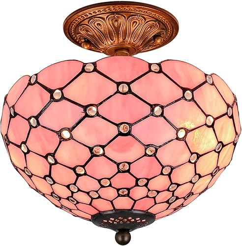 Miniatura 13 de Lámpara de techo Tiffany estilo perlas, lámpara de montaje semiempotrada de vitrales de 12 pulgadas de ancho, 11 pulgadas de alto, declaración de