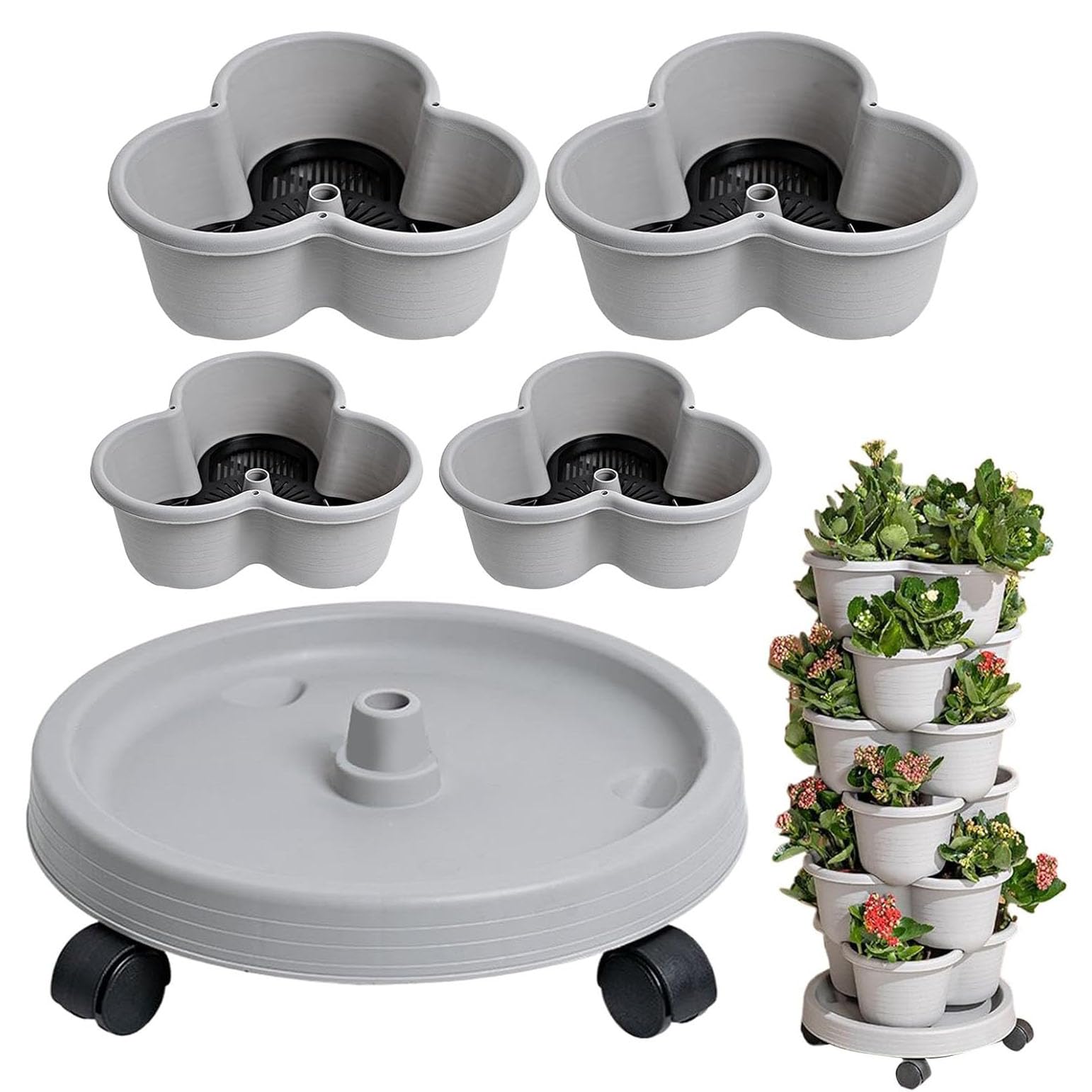Pflanzturm mit Rollen, Erdbeerturm Stapelbar, 4-Stöckiger Pflanzenturm Erdbeeren Outdoor Indoor, Vertikal Garten Balkon für Erdbeeren, Blumen, Kräuter, Gemüse