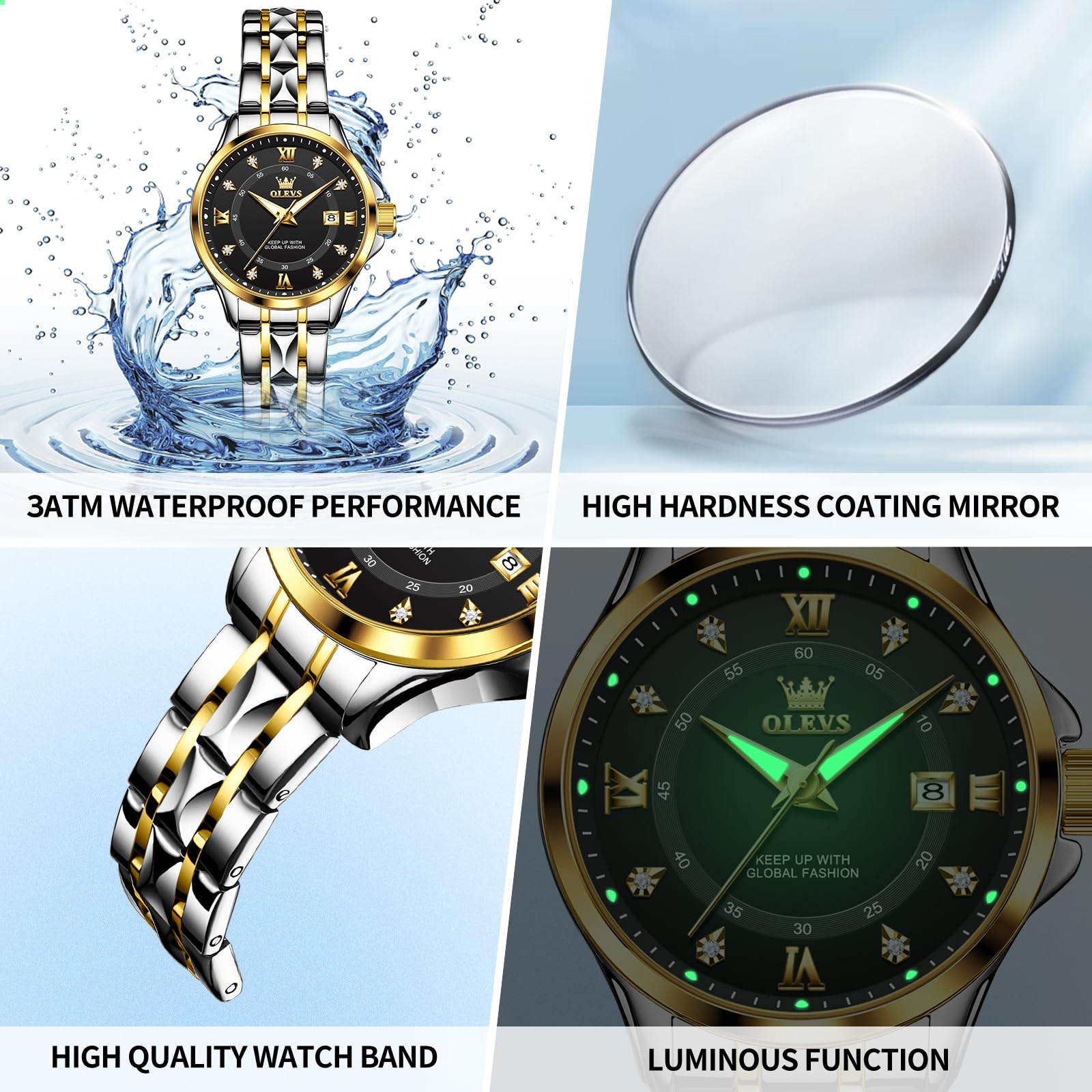 OLEVS Armbanduhr für Damen, zweifarbig, mit Datumskleid, Damenuhren für kleine Handgelenke, luxuriös, leicht ablesbar, wasserdicht, blau/schwarz/gold/silbernes Zifferblatt, Reloj para Mujer