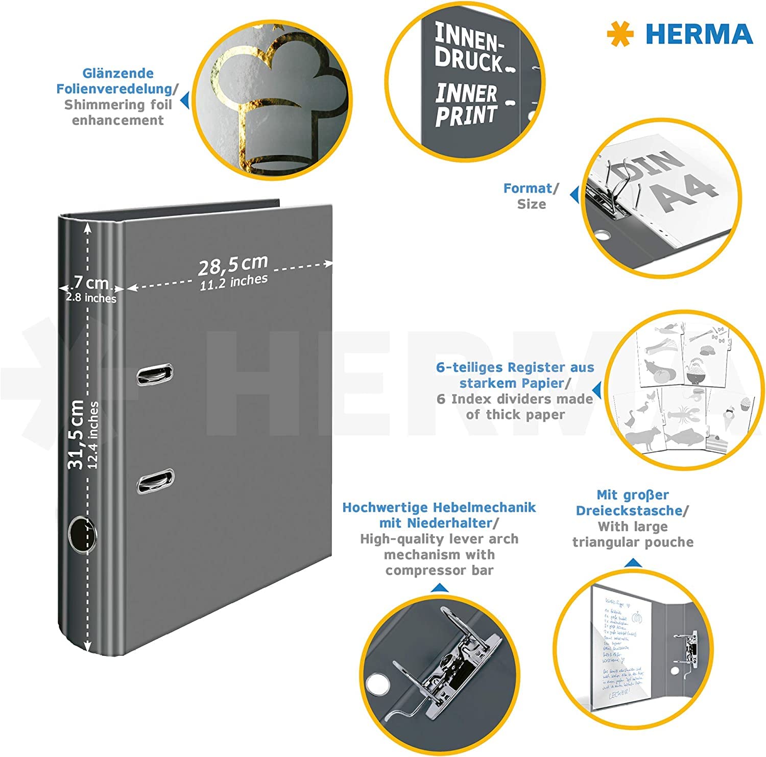 HERMA 19662 Recipe Folder A4 for Writing Yourself Star of the Kitchen, 7 cm Wide, Recipe Book with Index for Filing, Motif Ring Binder with Inner Print for Kitchen and Household for Cooking Recipes