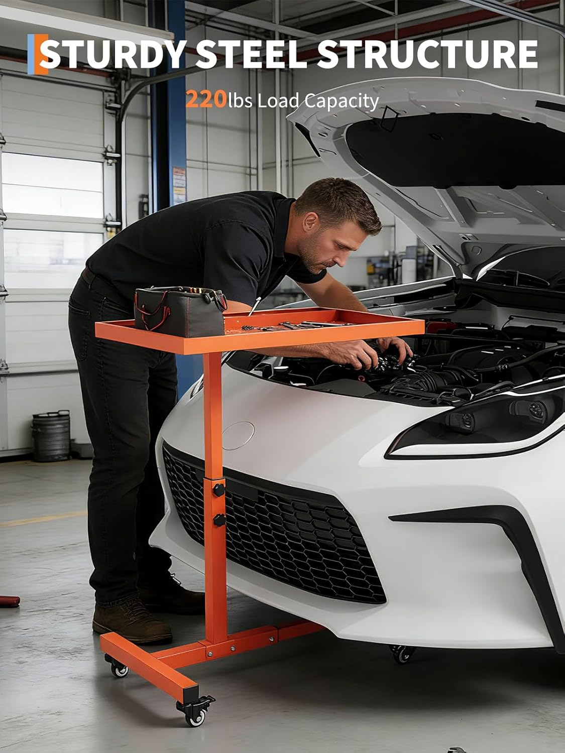 Rolling Tool Tray on Wheels, 220LBS Capacity Steel Mobile Work Table, Adjustable Height 38"-45" Mechanic Works Table for Garage Bike Work Shop (Orange)