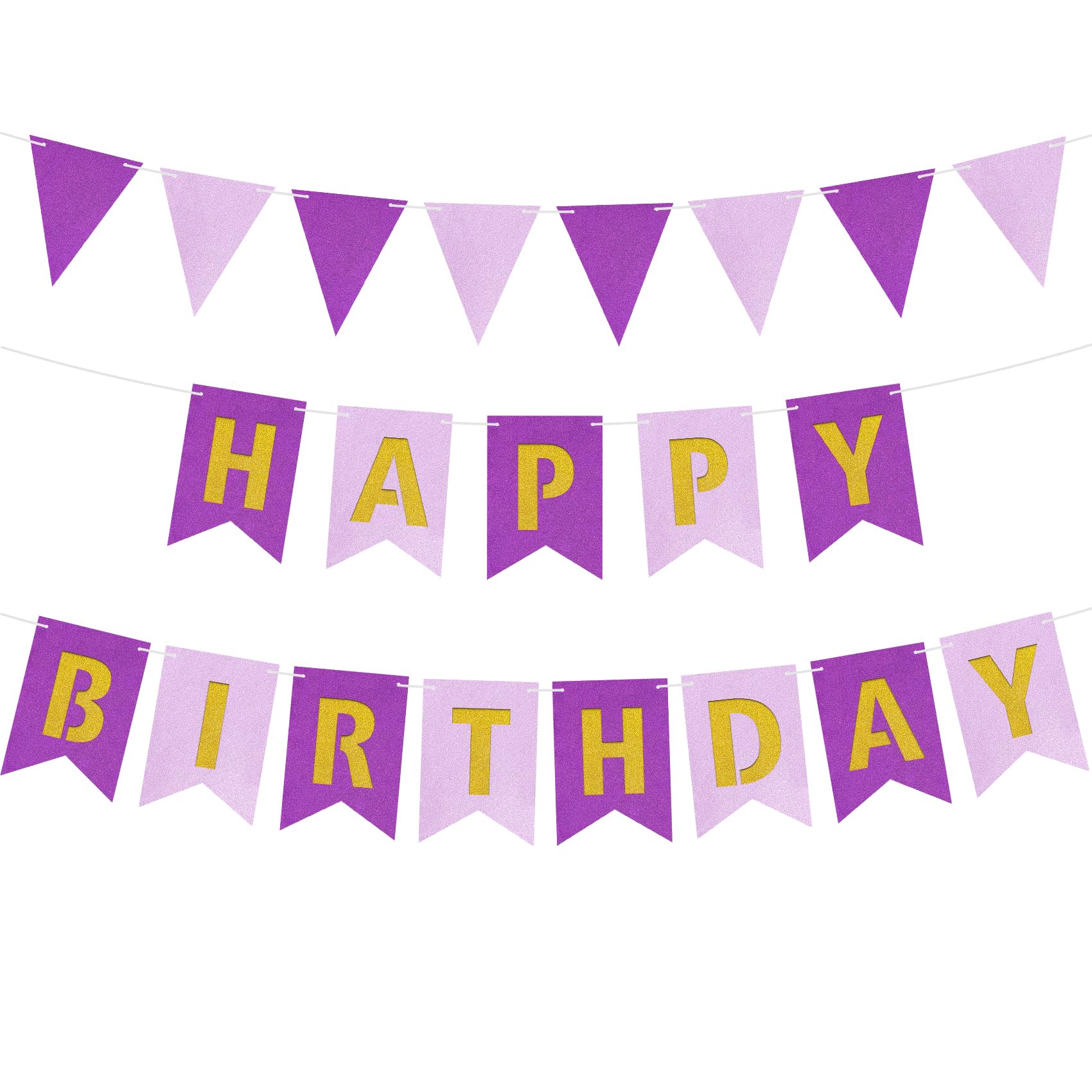 Purple Pink Gold Pre-strung Glitter Happy Birthday Banner & Bunting Flag Set, Concave Characters, Party Decorations Backdrop Supplies for Indoor Outdoor (Purple, Pink and Gold)
