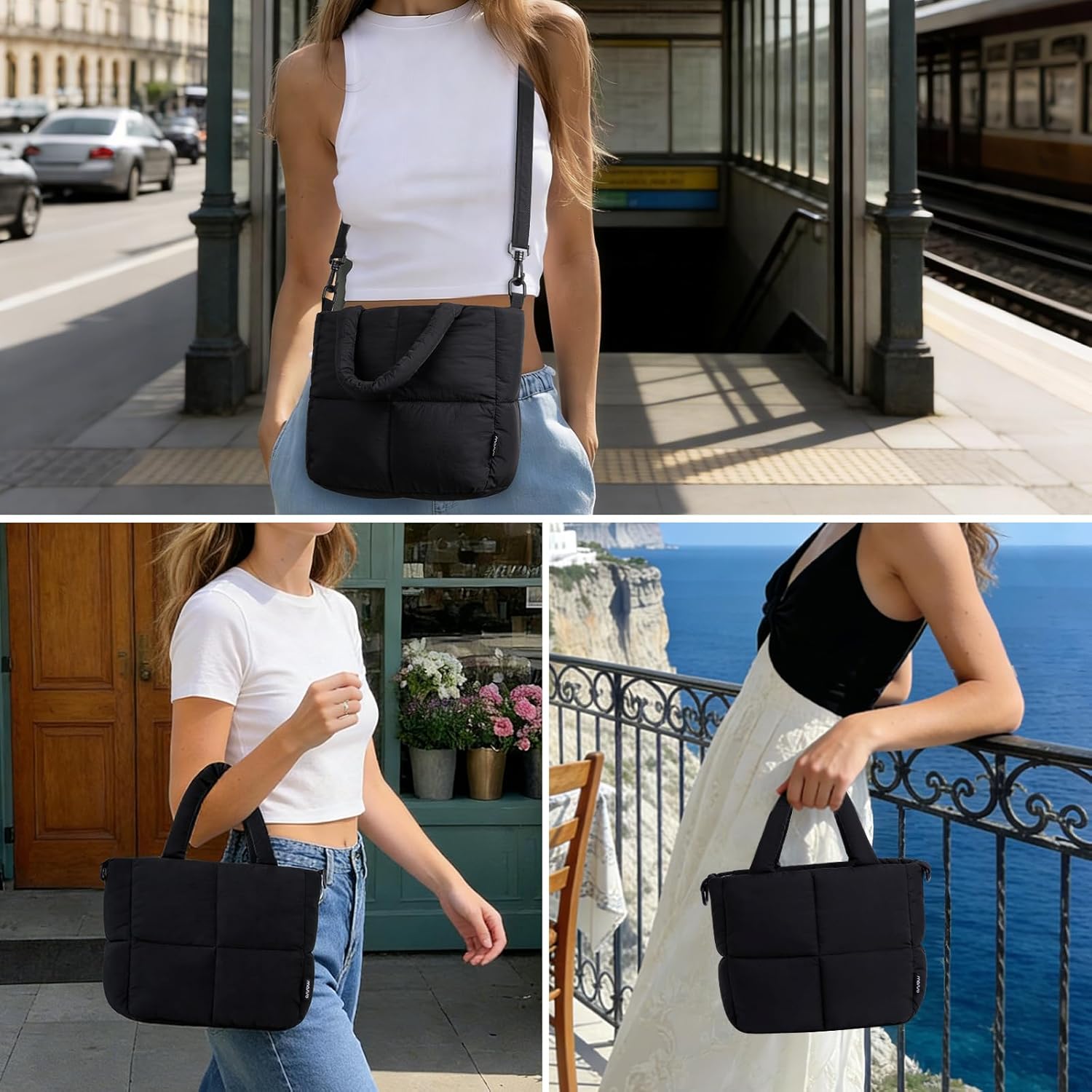 MOSISO Puffy Crossbody Bags for Women, Stylish Trendy Purses Small Black Handbag Shoulder Bags, Mini Tote Bag Shoulder Purse Saddle Bag with Zipper Closure & Shoulder Strap & Pockets, Black