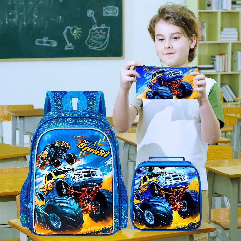 KLFVB 3PCS Boys Truck Backpack, Water Resistant Kids Bookbag with Lunch Box, 16" Preschool Backpacks for Elementary - Truck Blue - Image 7