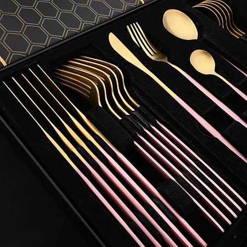 Miniatura 4 de JASHII Juego de cubiertos de 24 piezas, color rosa y dorado, juego de cucharas y tenedores para cuchillos, servicio para 6, con caja premium,