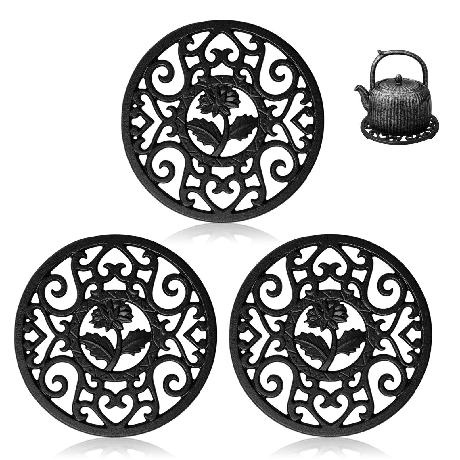 3 Pack Cast Iron Trivet, 11.5cm Tea Pot Trivet Vintage Pattern Trivets Heat Resident Teapot Stand Holder for Kitchen Worktops Hot Pans